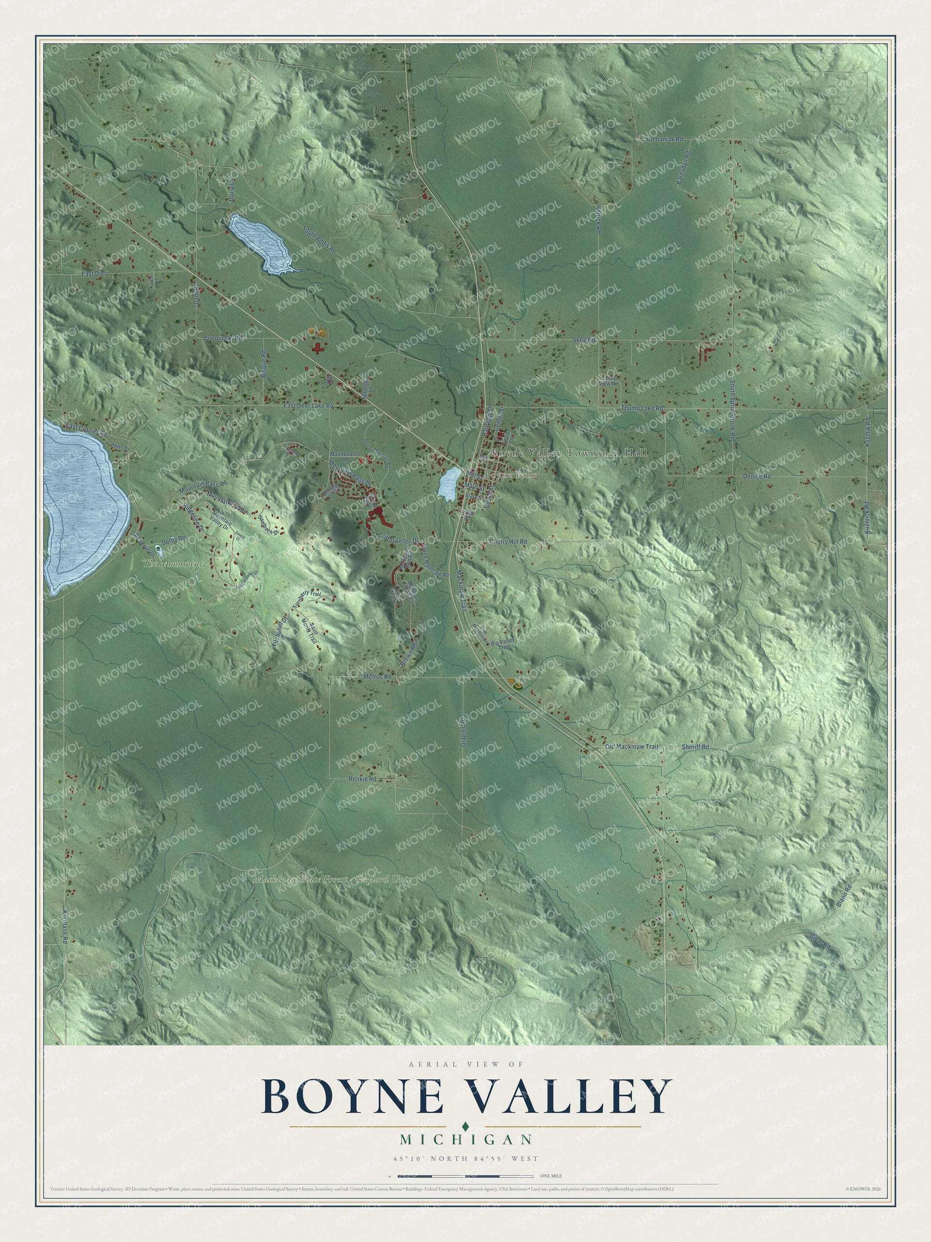 Full map of Boyne Valley, Michigan, with red buildings, printed street names and the land around them