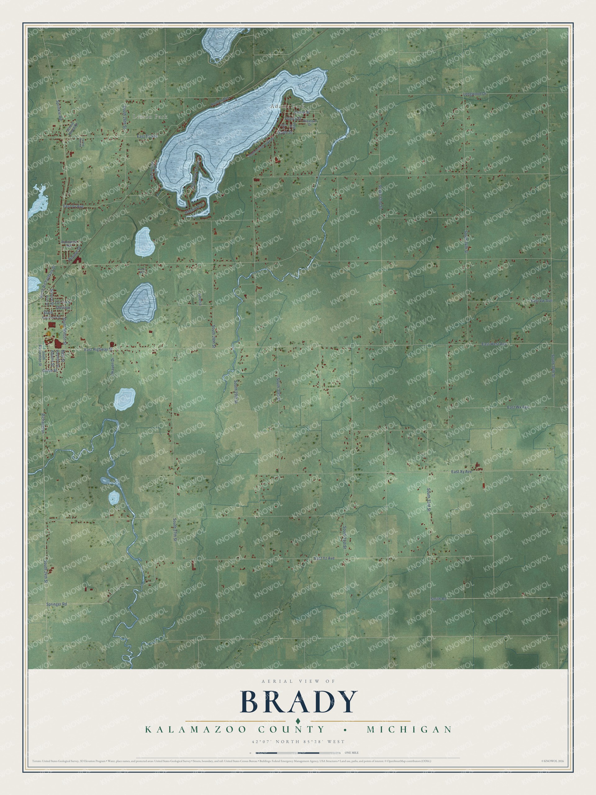 Full map of Brady, Michigan, with red buildings, printed street names and the land around them