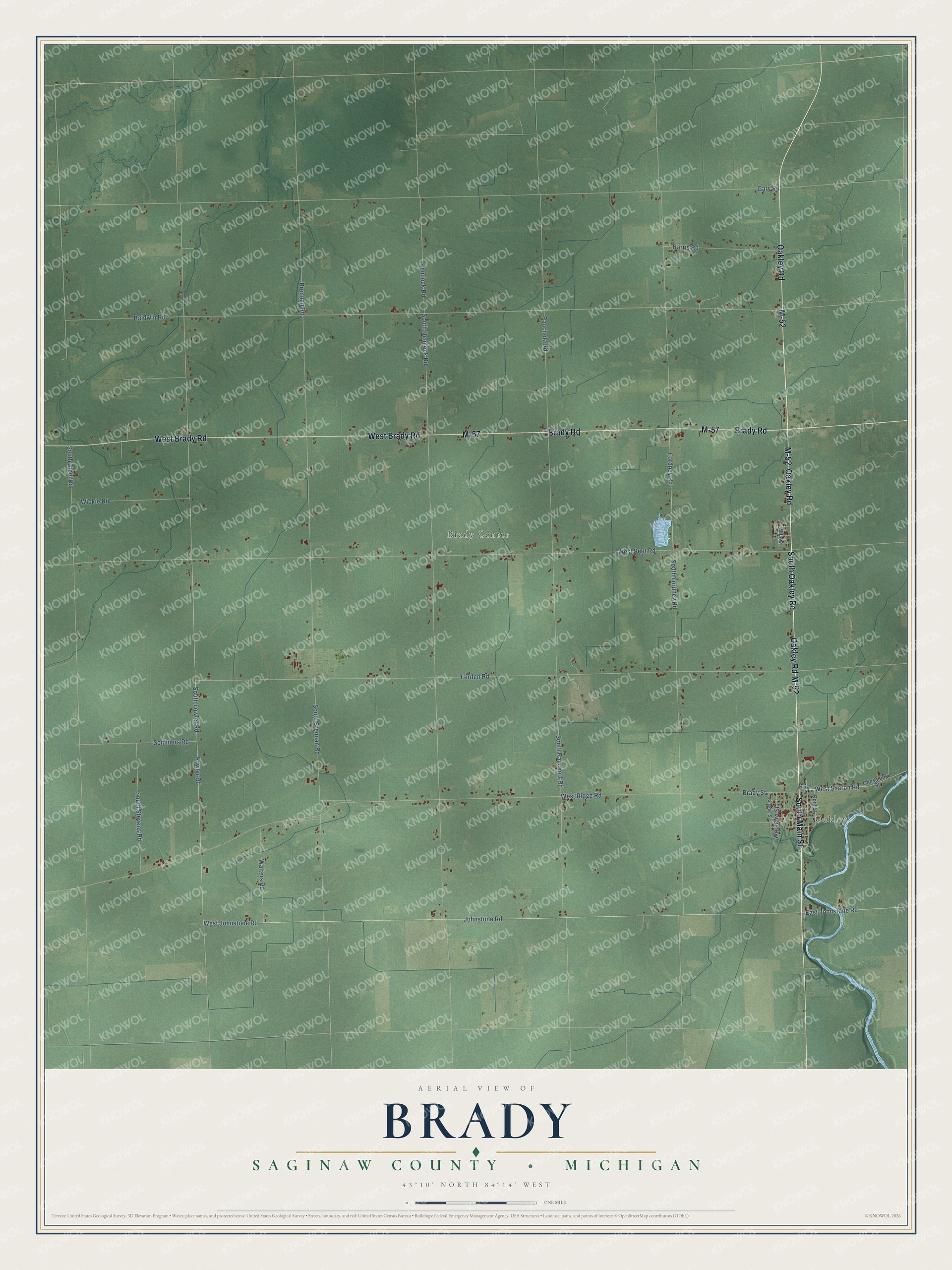 Full map of Brady, Michigan, with red buildings, printed street names and the land around them