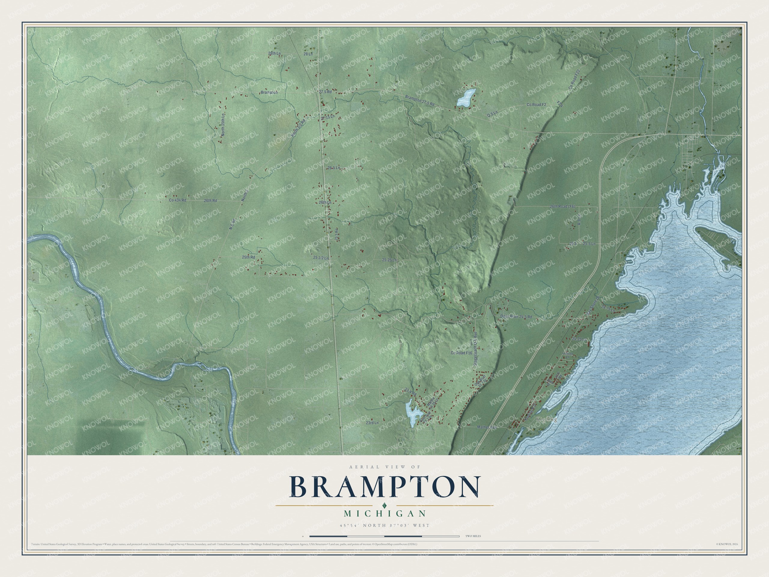Full map of Brampton, Michigan, with red buildings, printed street names and the land around them