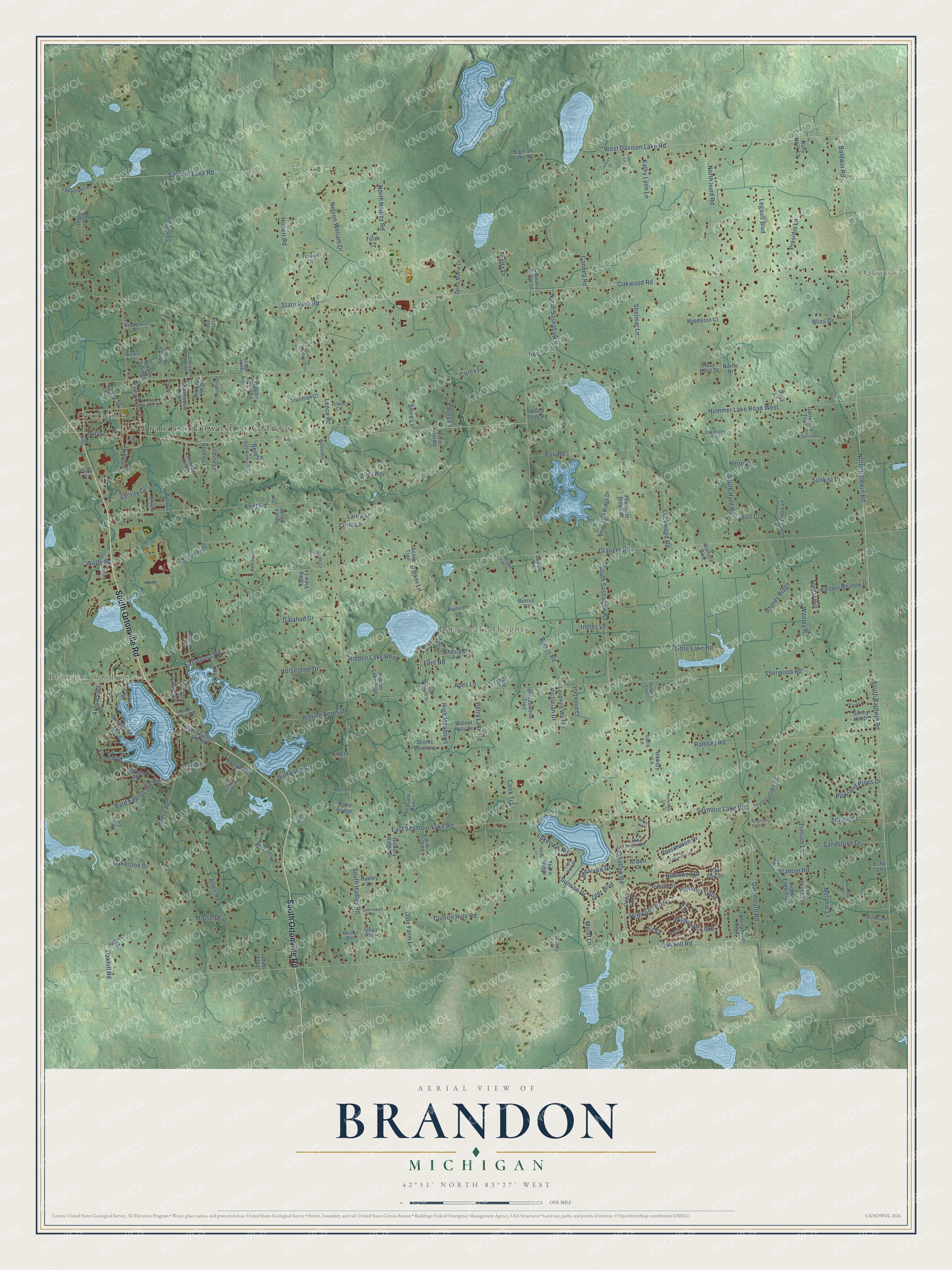 Full map of Brandon, Michigan, with red buildings, printed street names and the land around them