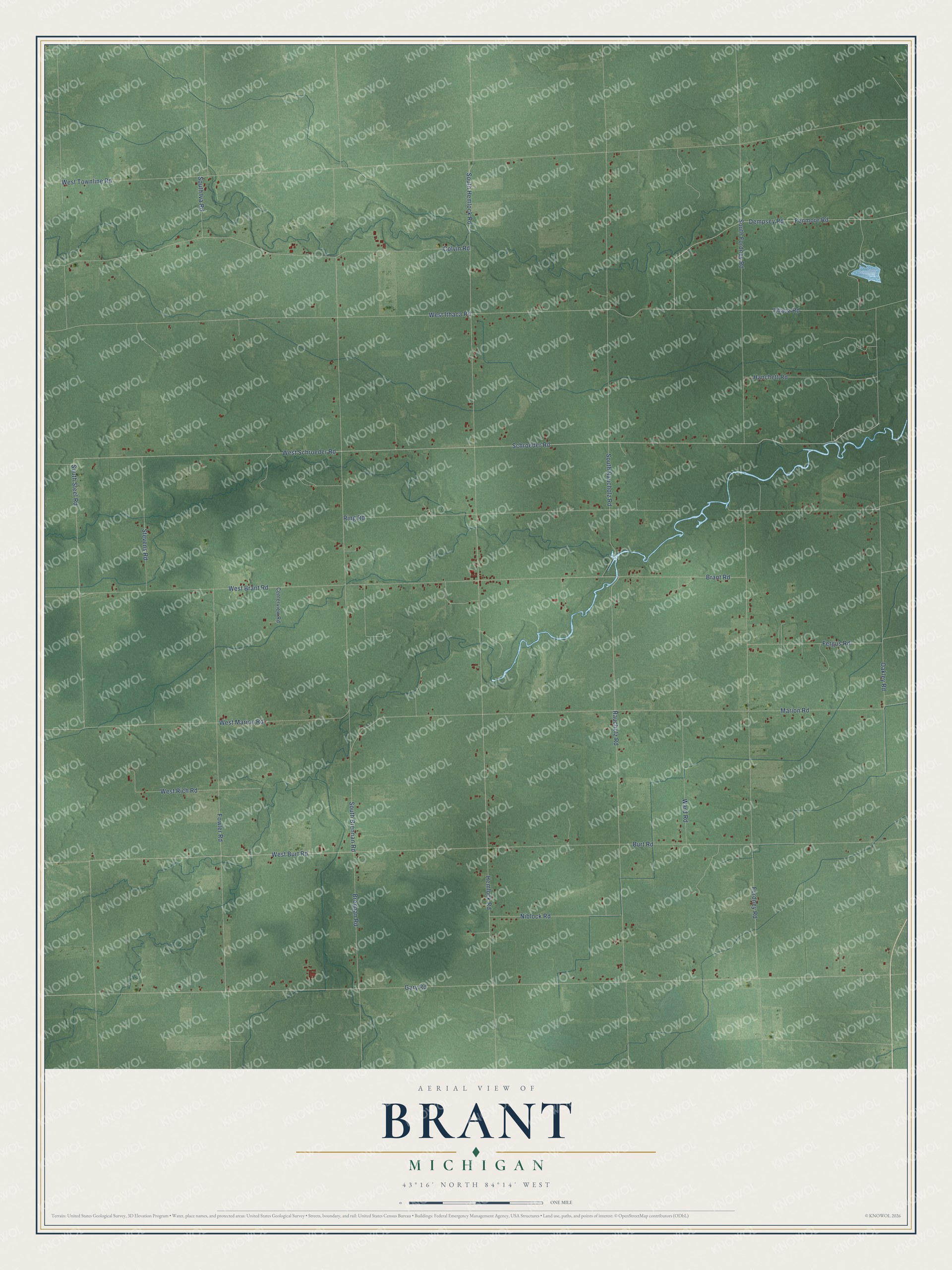 Full map of Brant, Michigan, with red buildings, printed street names and the land around them