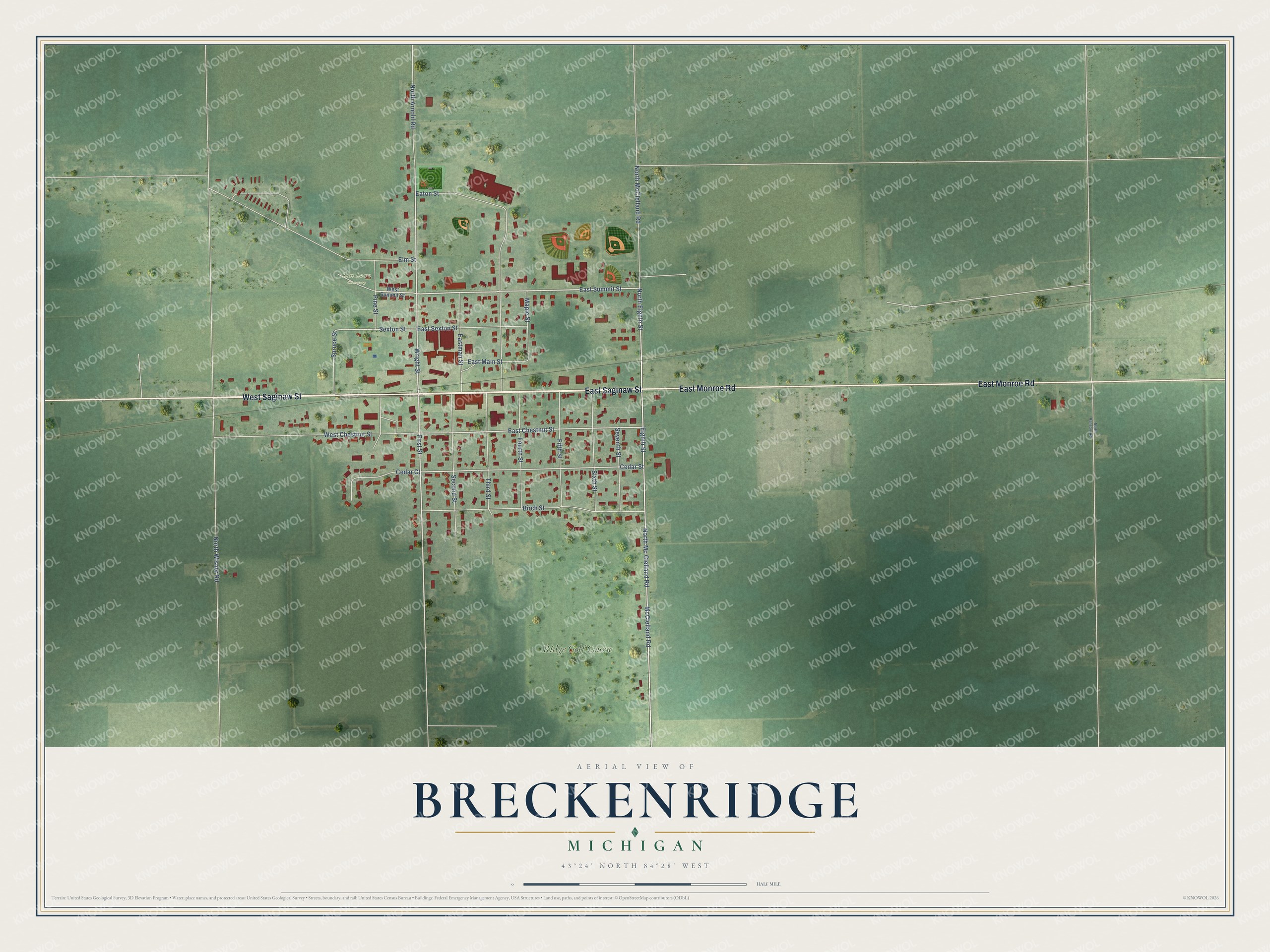 Full map of Breckenridge, Michigan, with red buildings, printed street names and the land around them