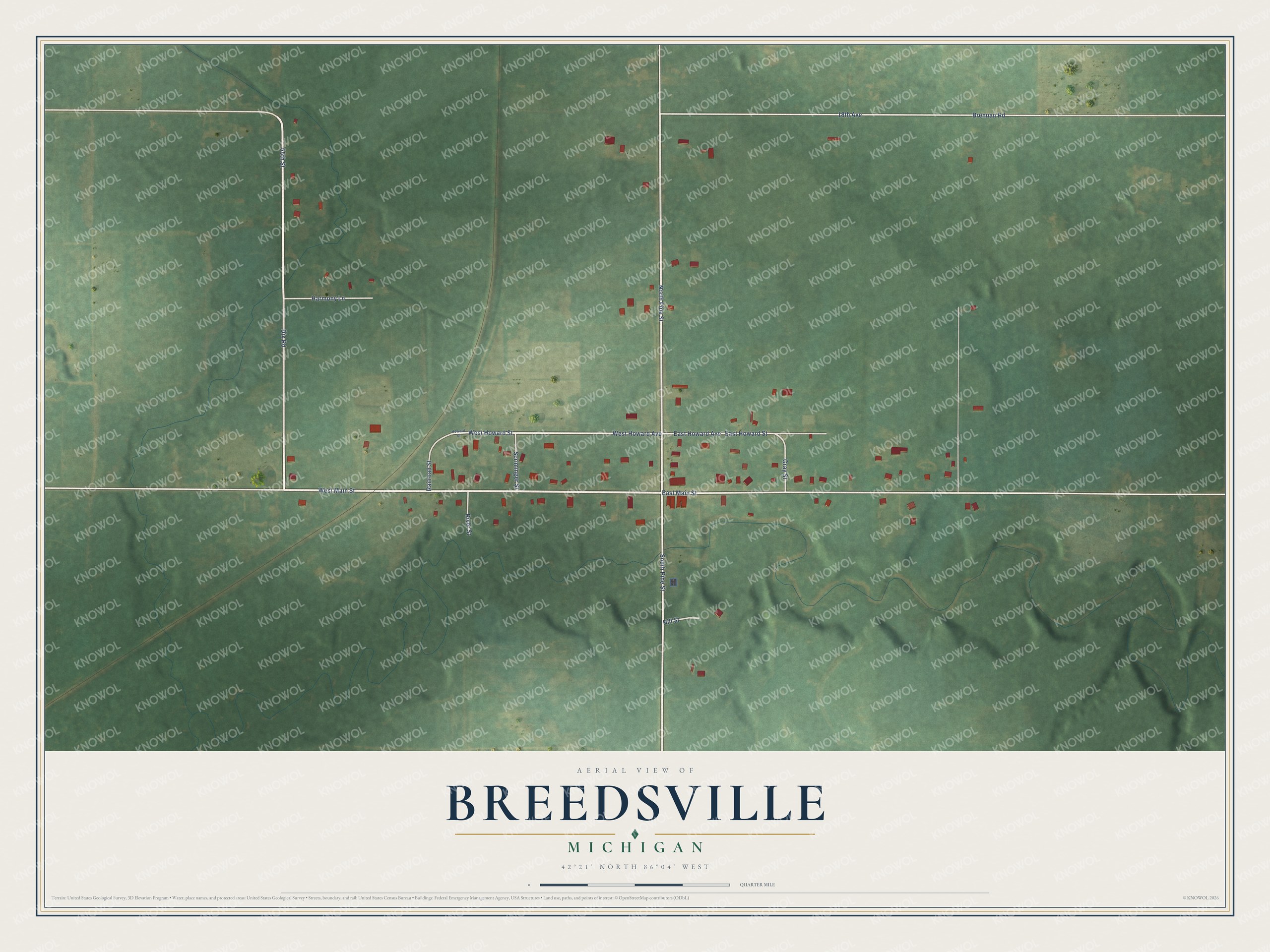Full map of Breedsville, Michigan, with red buildings, printed street names and the land around them