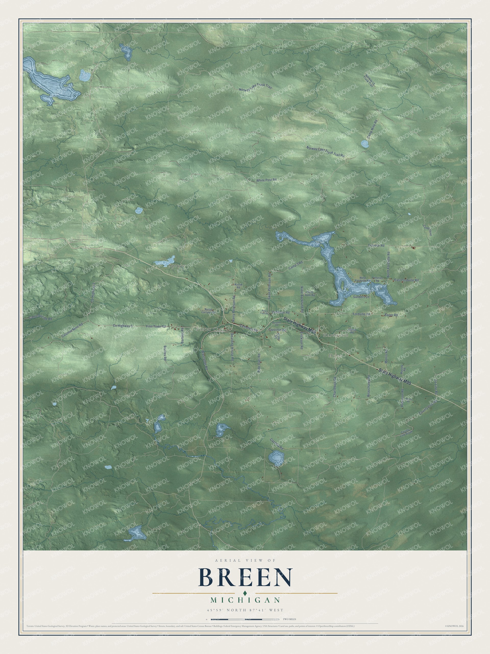 Full map of Breen, Michigan, with red buildings, printed street names and the land around them
