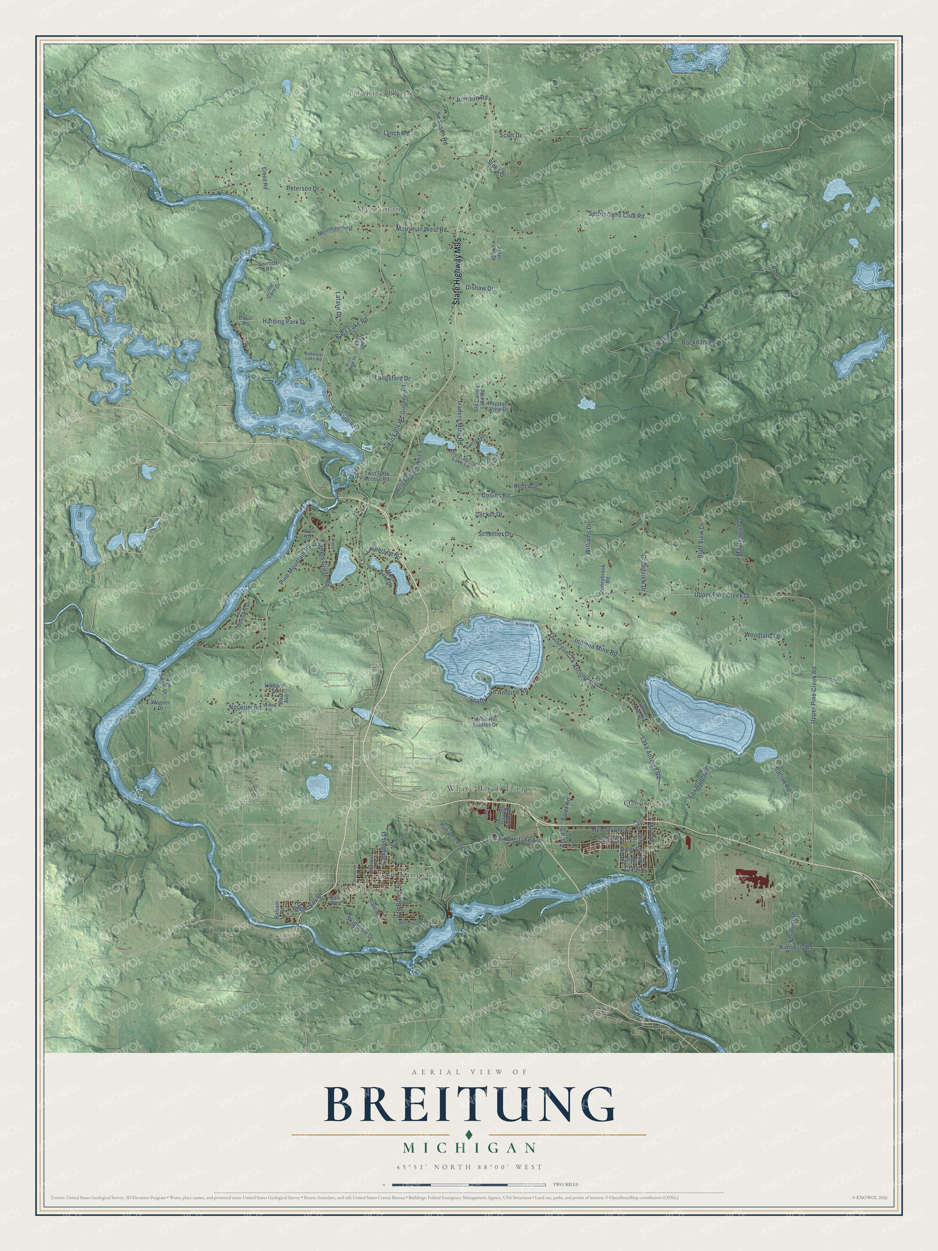 Full map of Breitung, Michigan, with red buildings, printed street names and the land around them