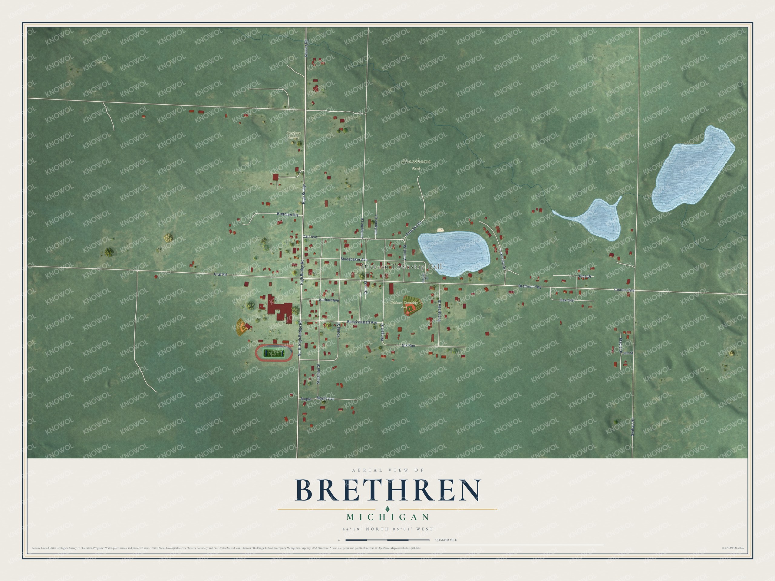 Full map of Brethren, Michigan, with red buildings, printed street names and the land around them