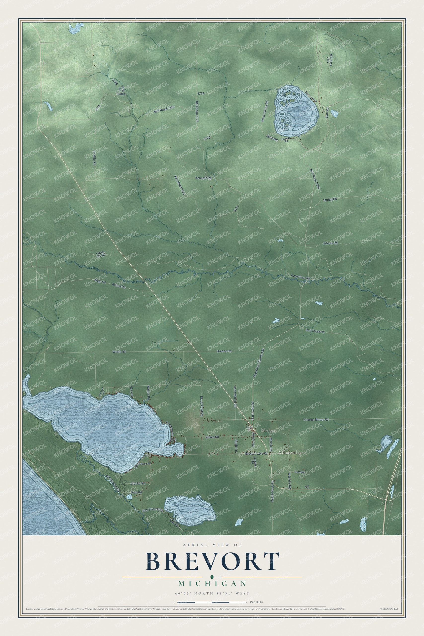 Full map of Brevort, Michigan, with red buildings, printed street names and the land around them
