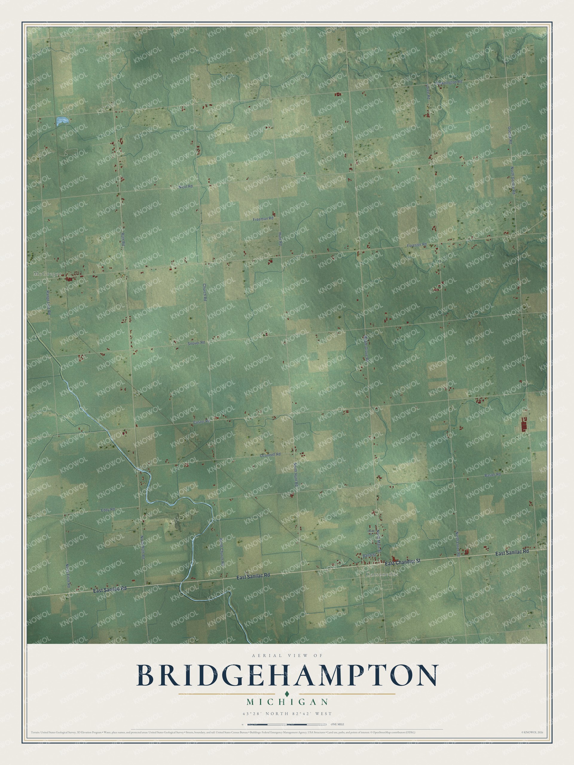 Full map of Bridgehampton, Michigan, with red buildings, printed street names and the land around them
