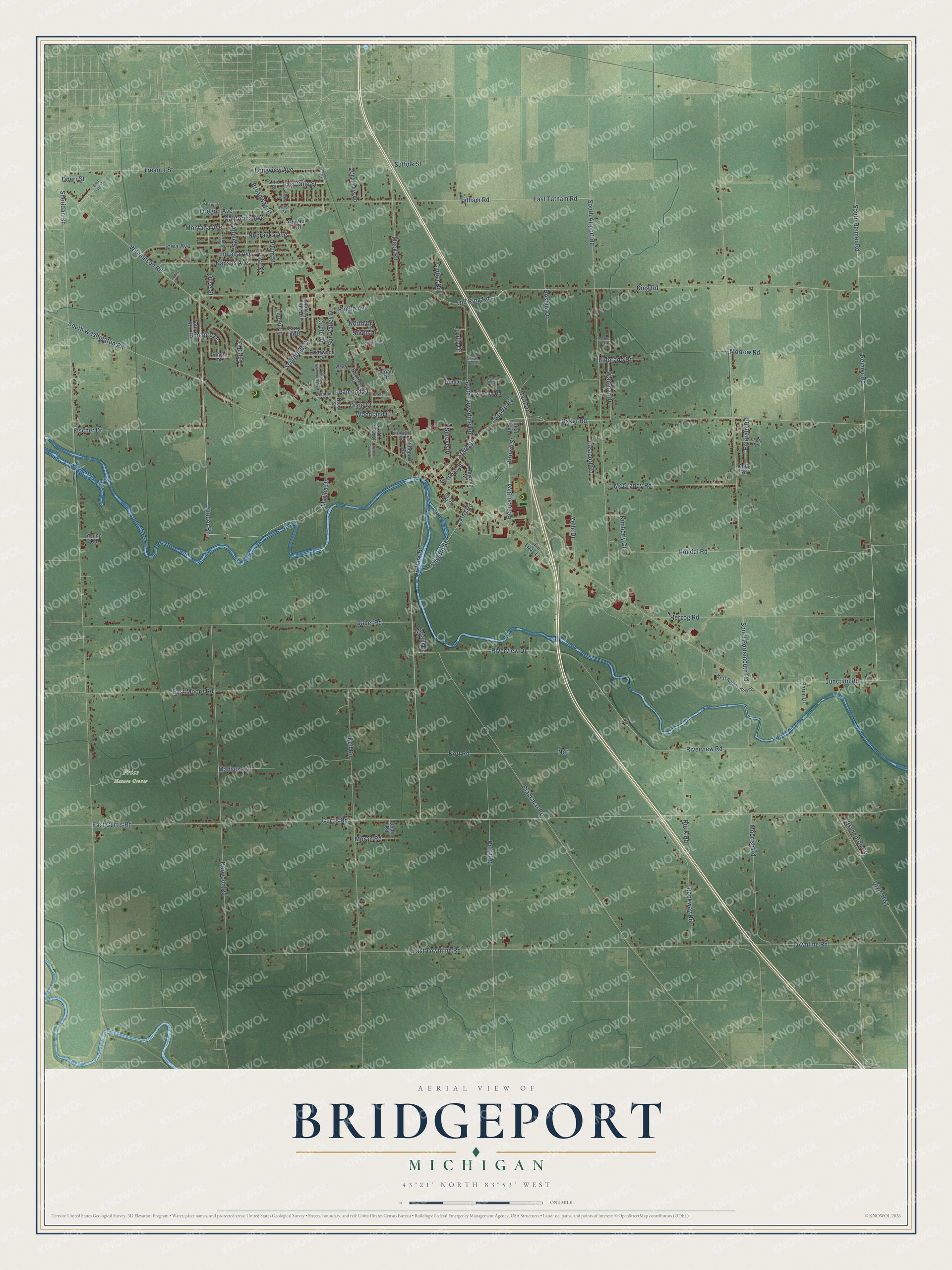 Full map of Bridgeport, Michigan, with red buildings, printed street names and the land around them
