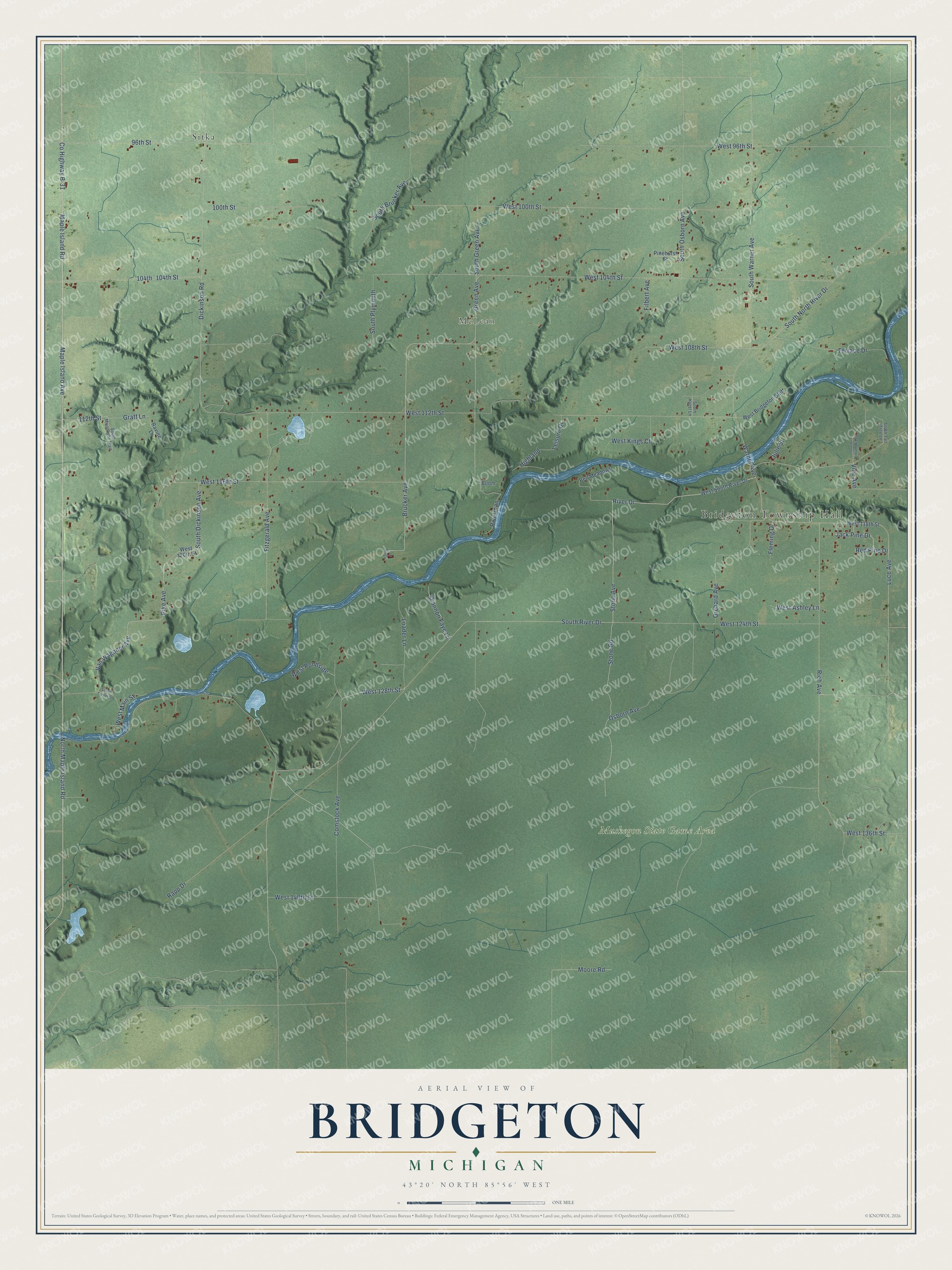 Full map of Bridgeton, Michigan, with red buildings, printed street names and the land around them
