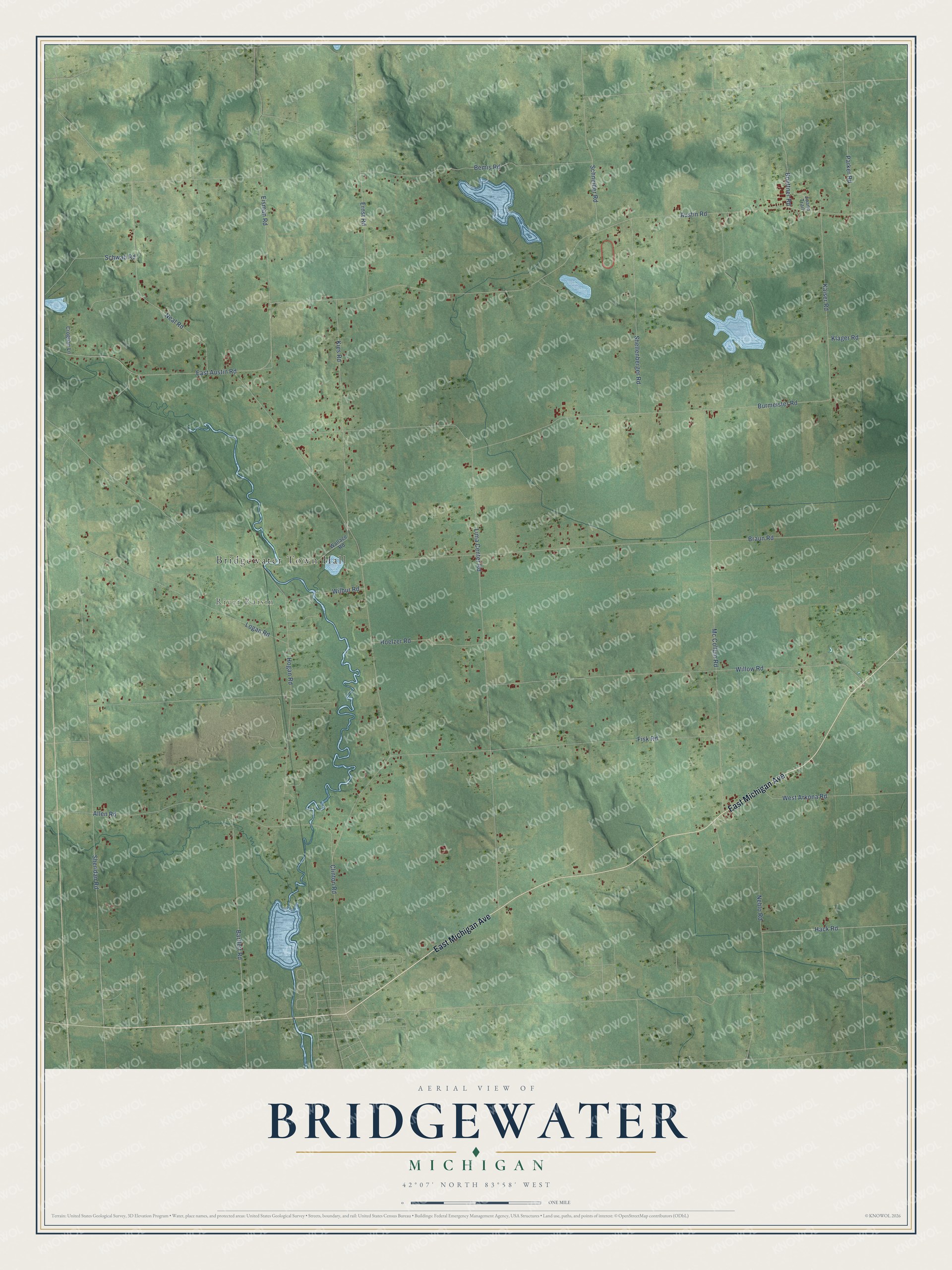 Full map of Bridgewater, Michigan, with red buildings, printed street names and the land around them