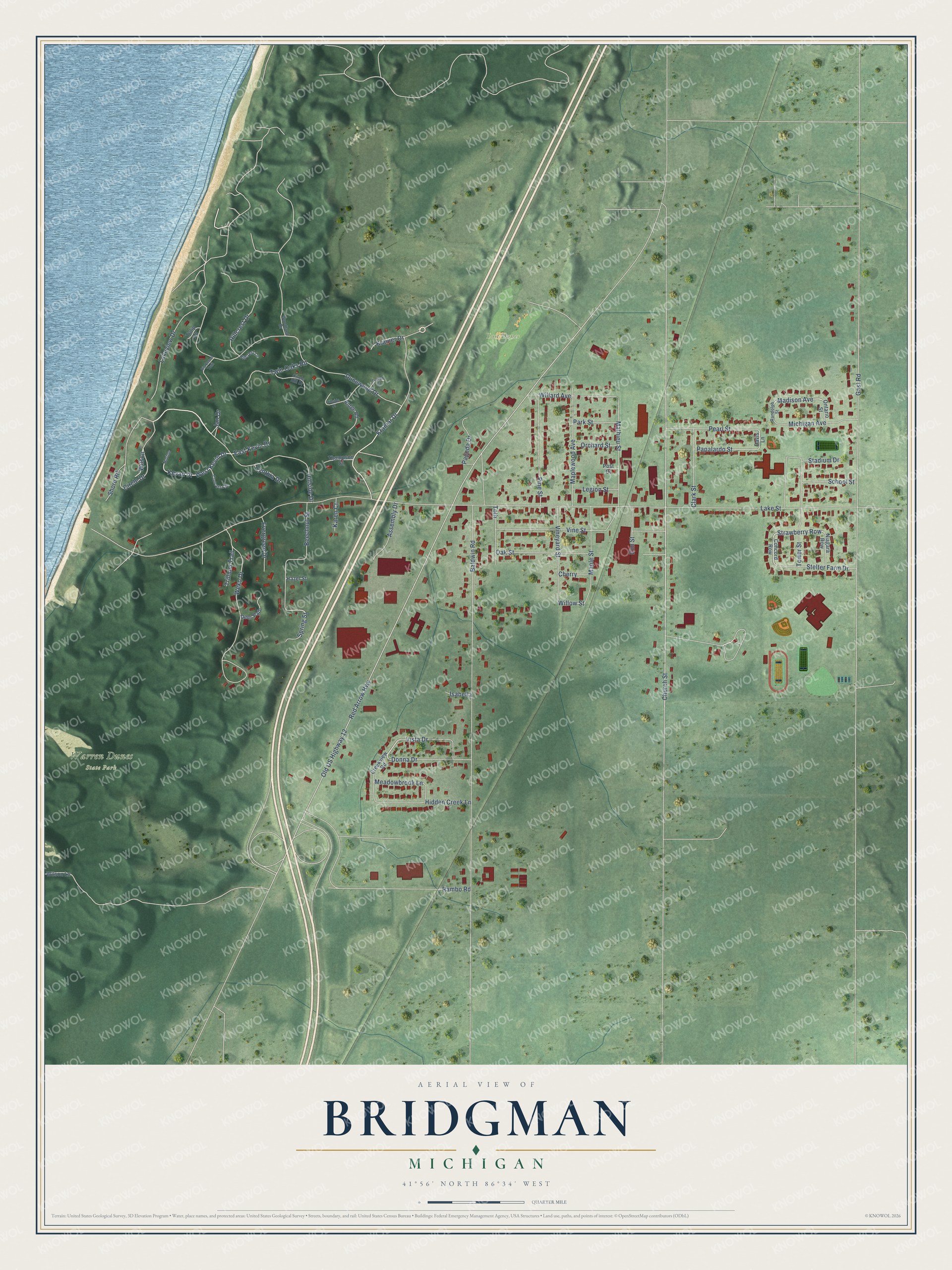 Full map of Bridgman, Michigan, with red buildings, printed street names and the land around them