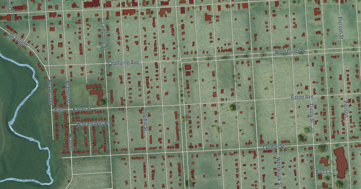 Close-up of streets and buildings in Brightmoor, Michigan