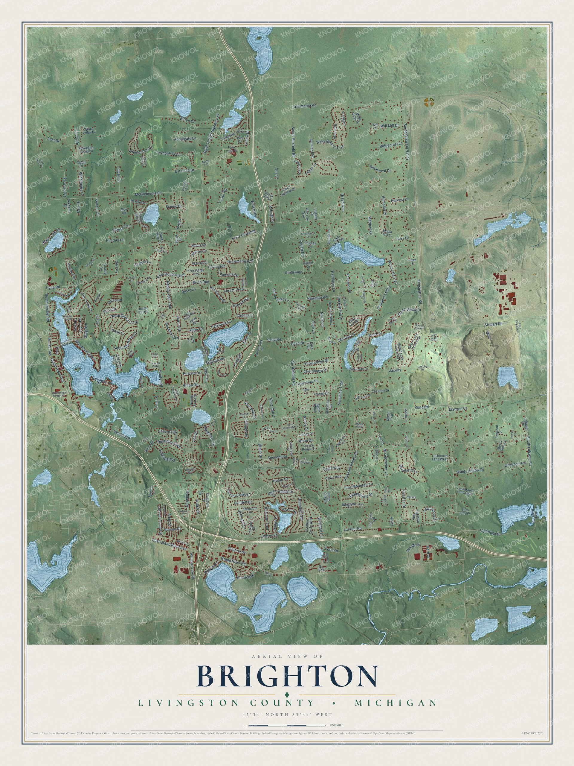 Full map of Brighton, Michigan, with red buildings, printed street names and the land around them