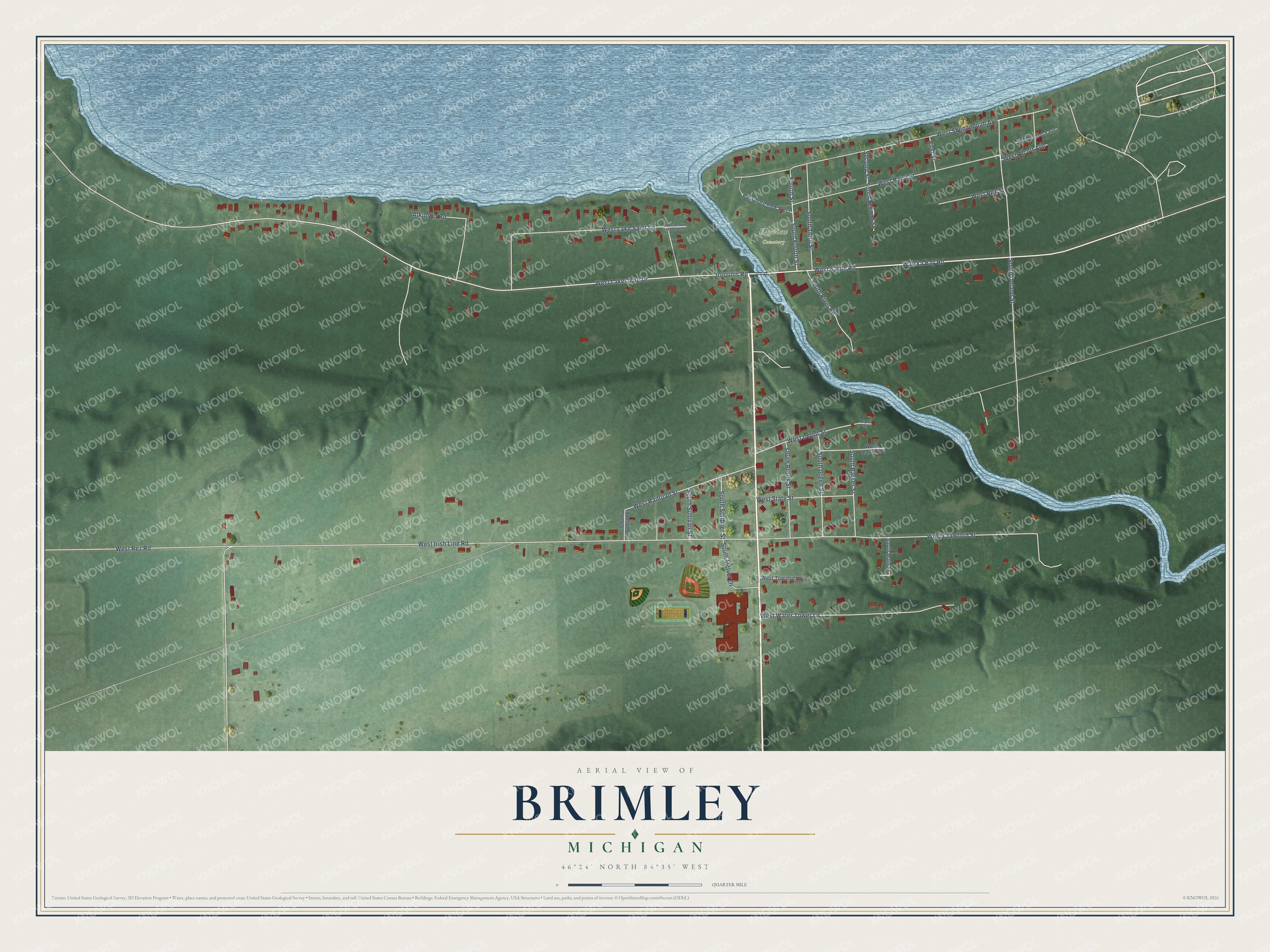 Full map of Brimley, Michigan, with red buildings, printed street names and the land around them