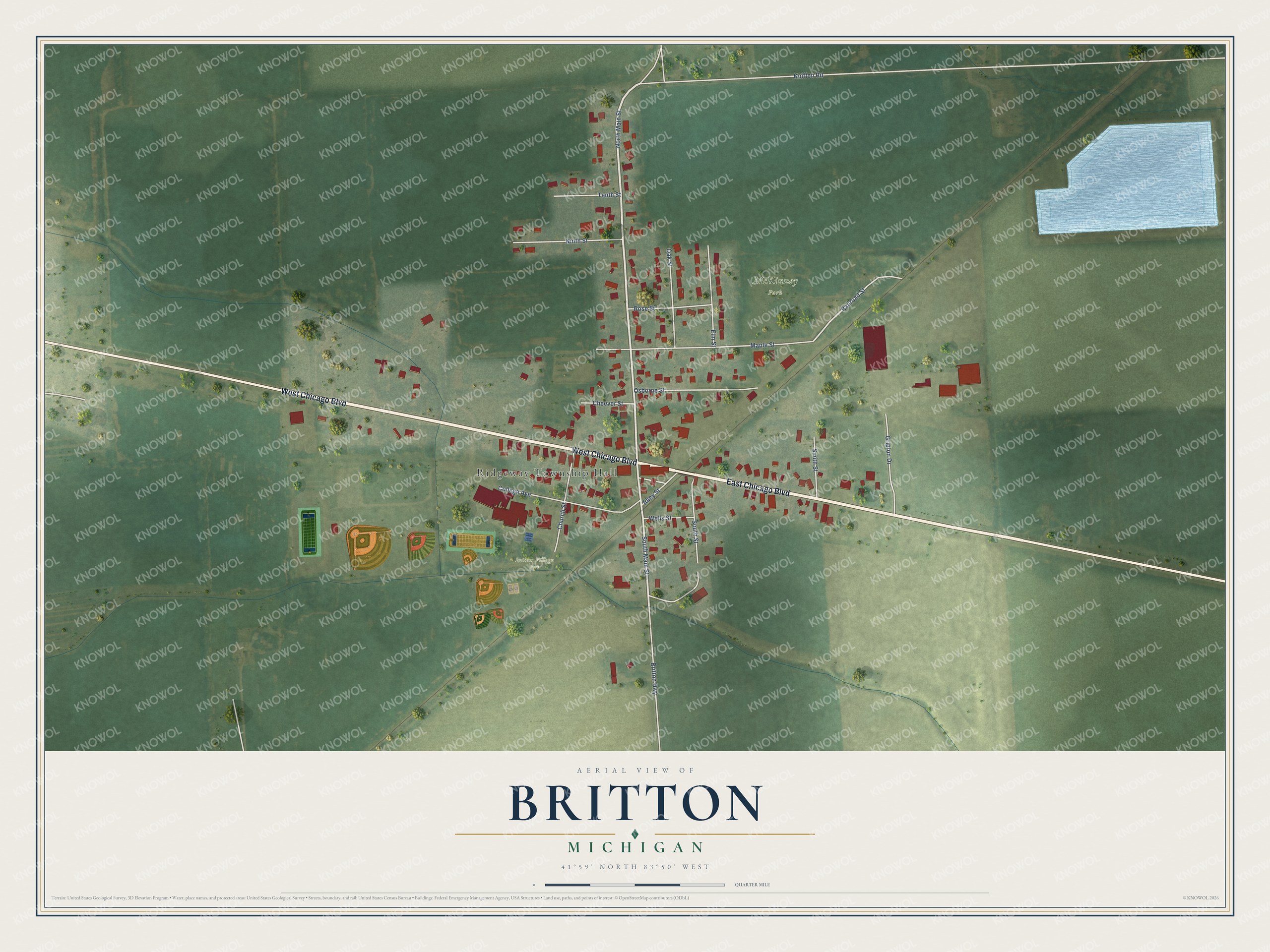 Full map of Britton, Michigan, with red buildings, printed street names and the land around them