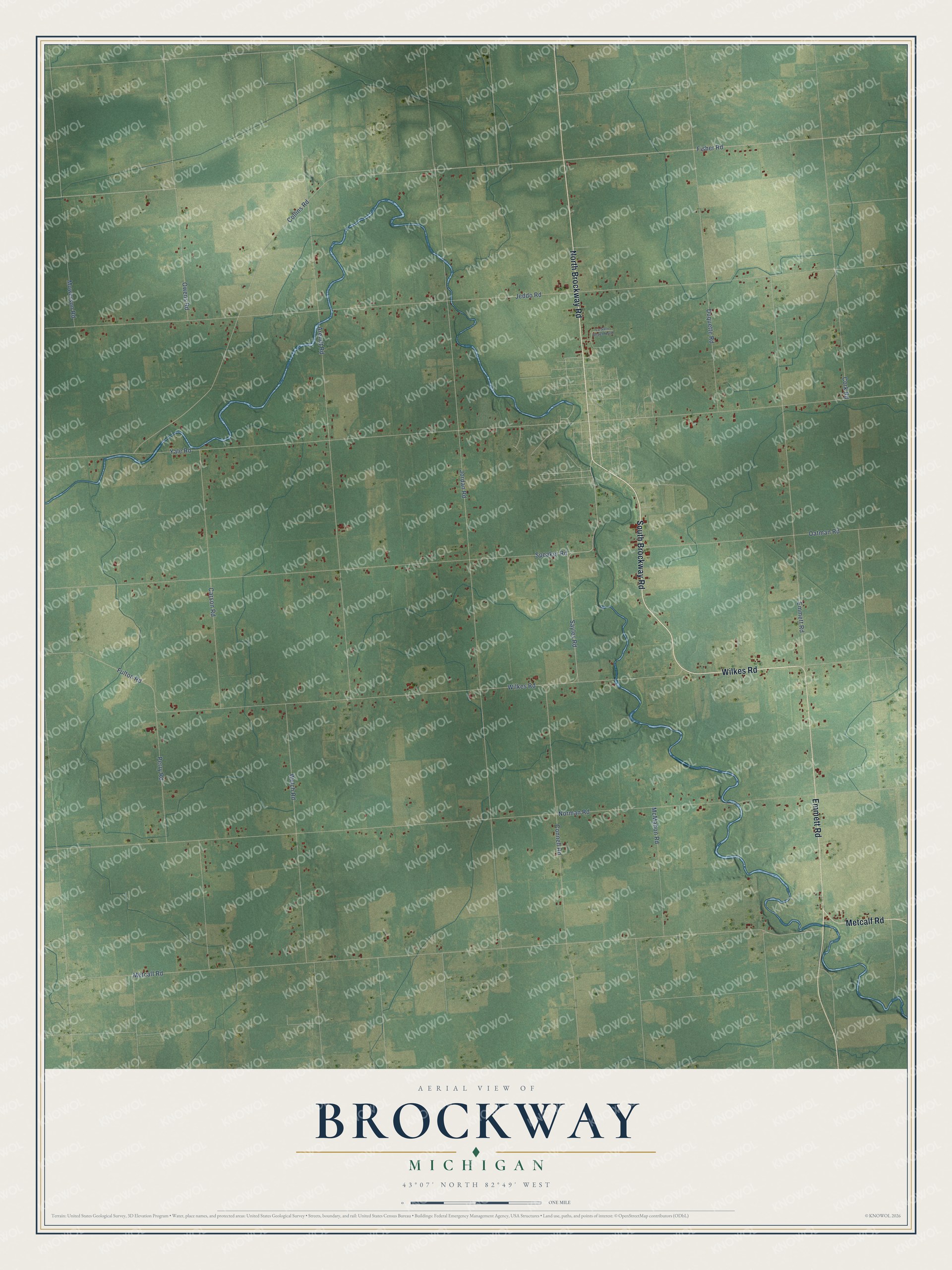 Full map of Brockway, Michigan, with red buildings, printed street names and the land around them