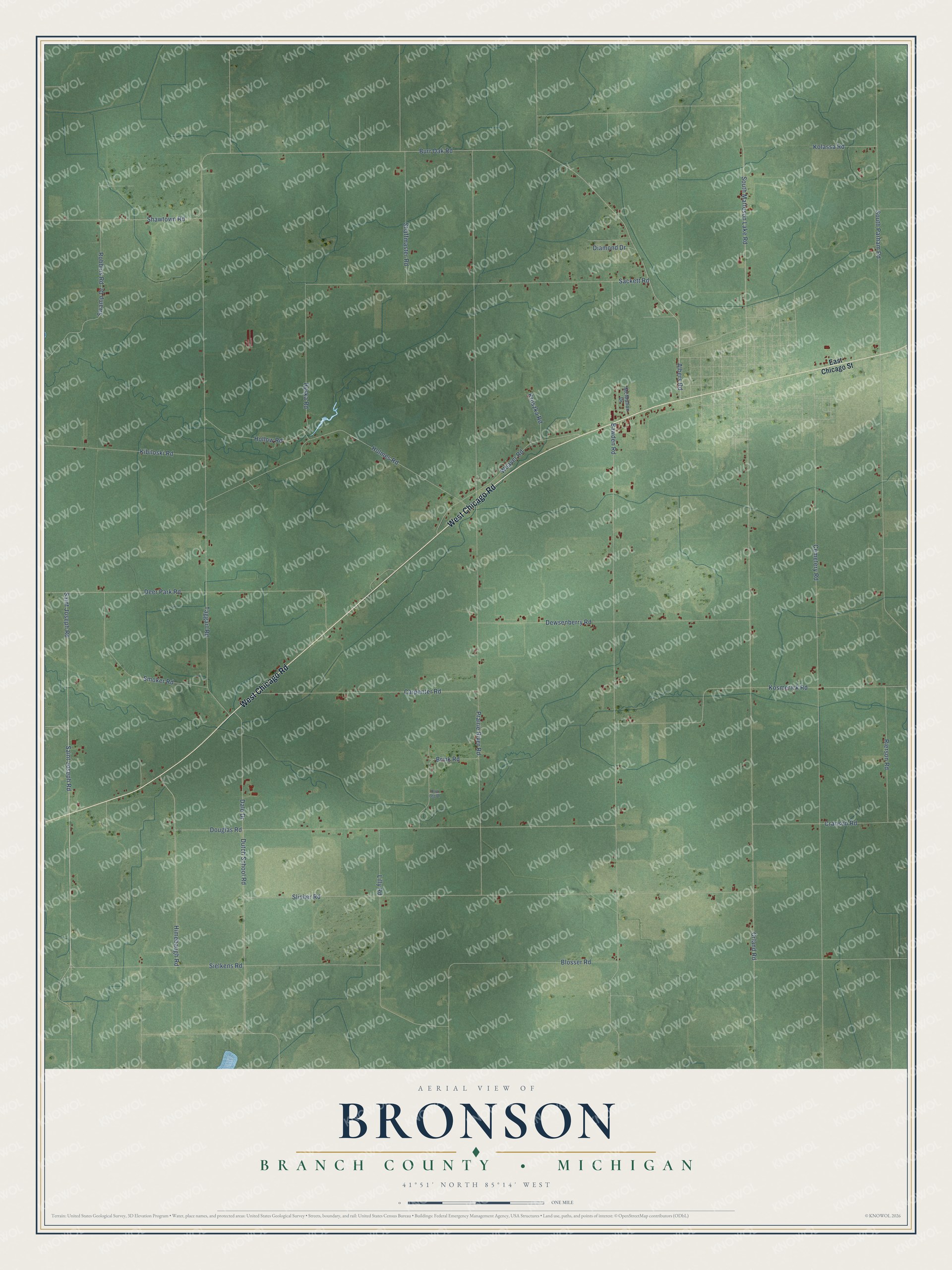 Full map of Bronson, Michigan, with red buildings, printed street names and the land around them