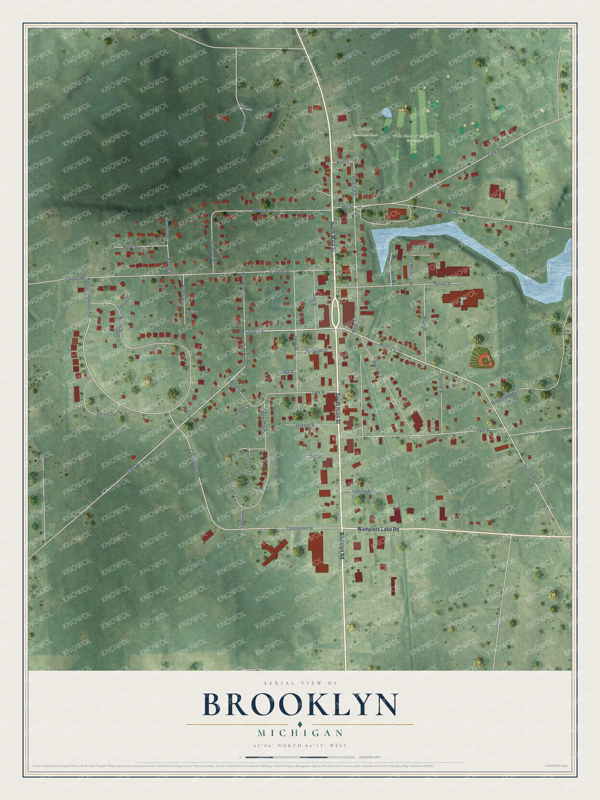 Full map of Brooklyn, Michigan, with red buildings, printed street names and the land around them