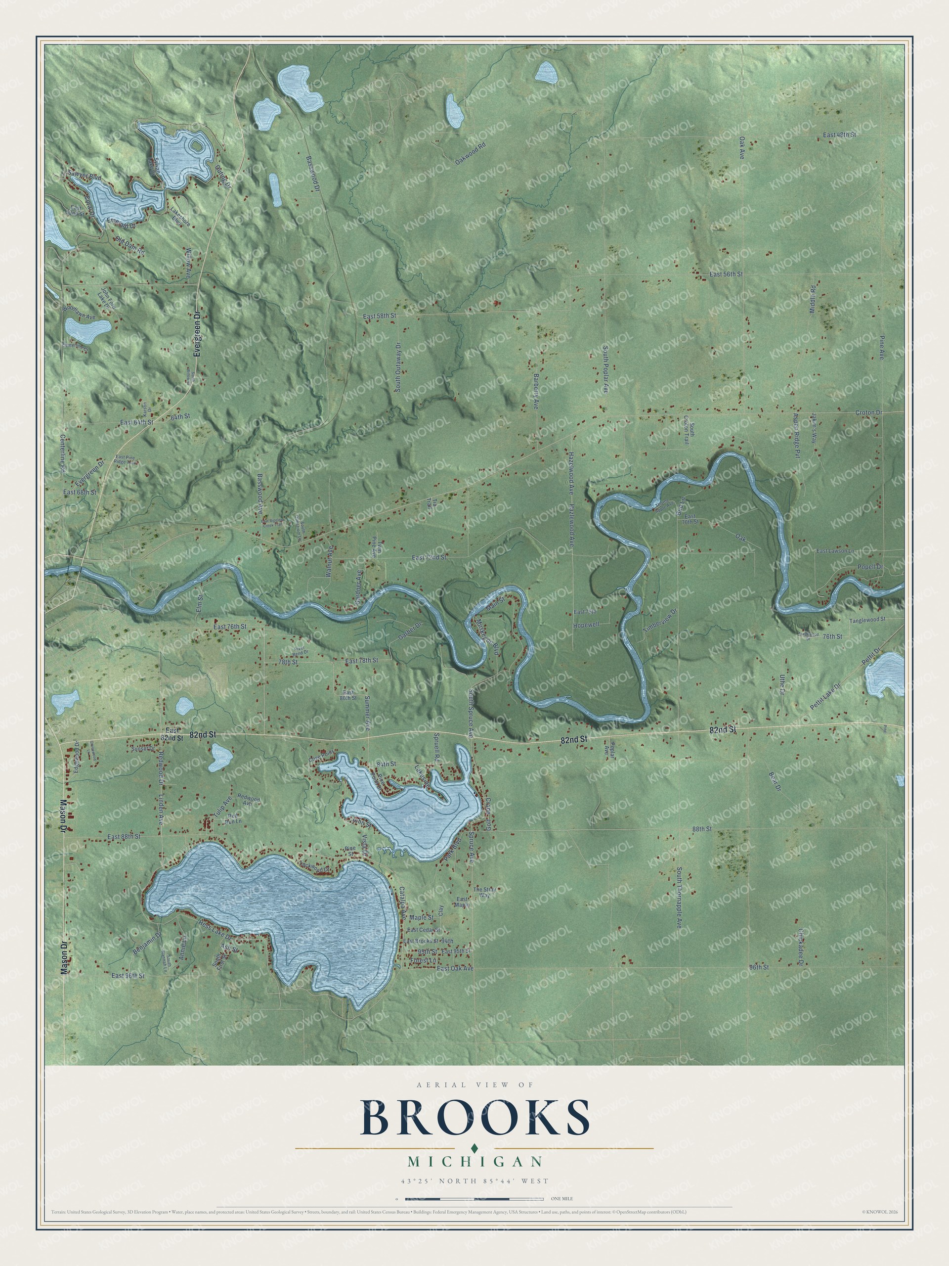 Full map of Brooks, Michigan, with red buildings, printed street names and the land around them