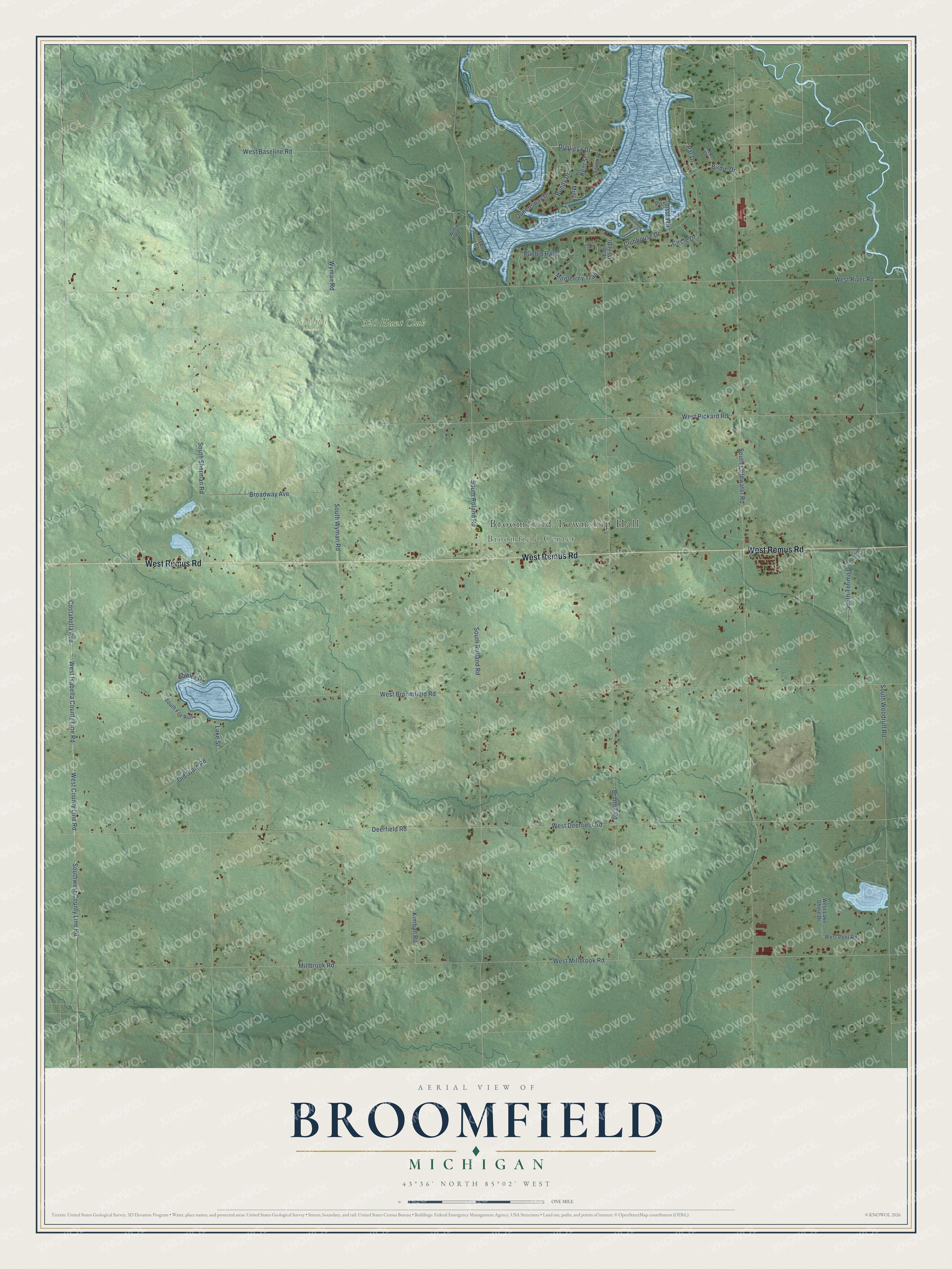 Full map of Broomfield, Michigan, with red buildings, printed street names and the land around them