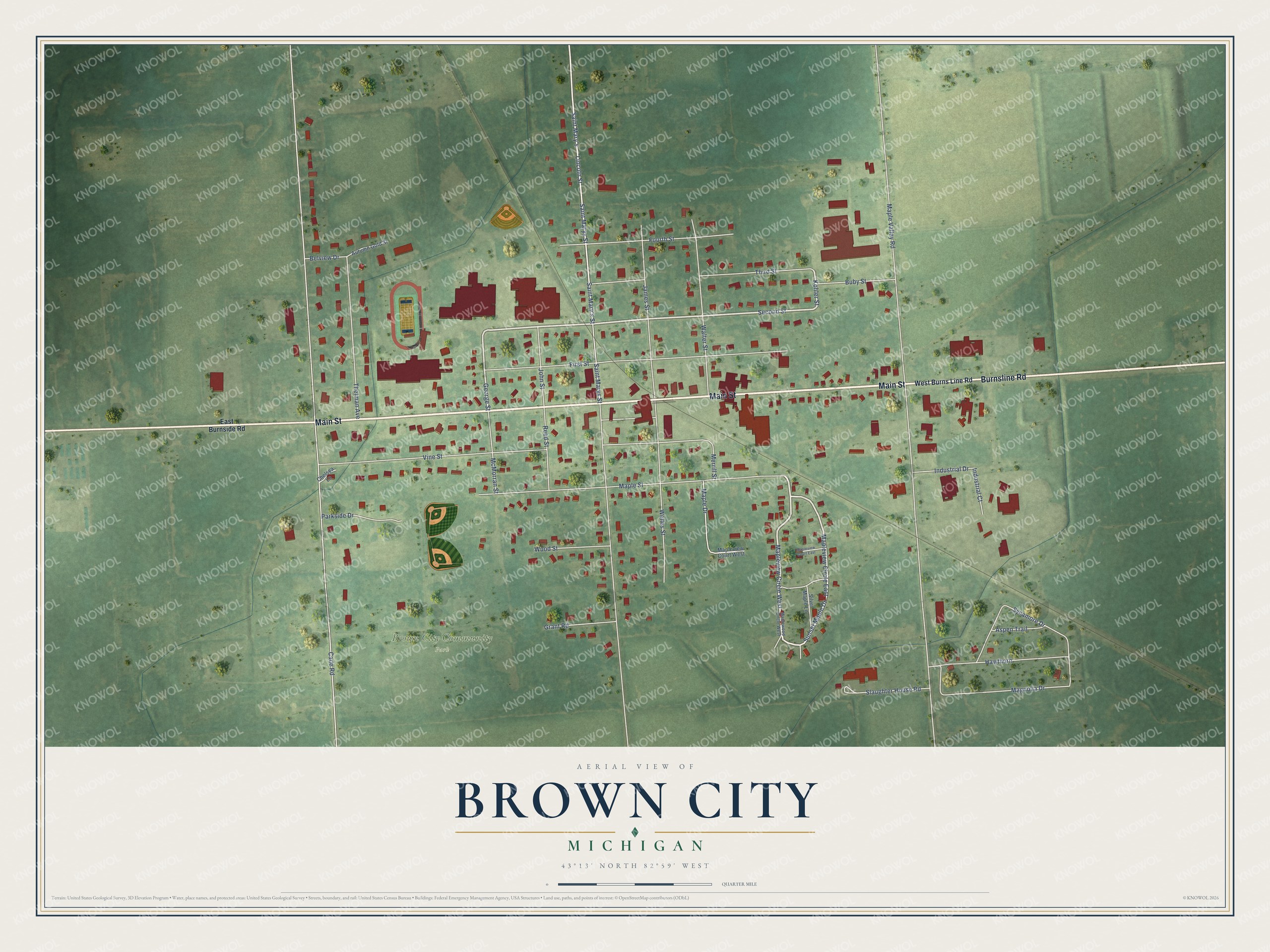 Full map of Brown City, Michigan, with red buildings, printed street names and the land around them