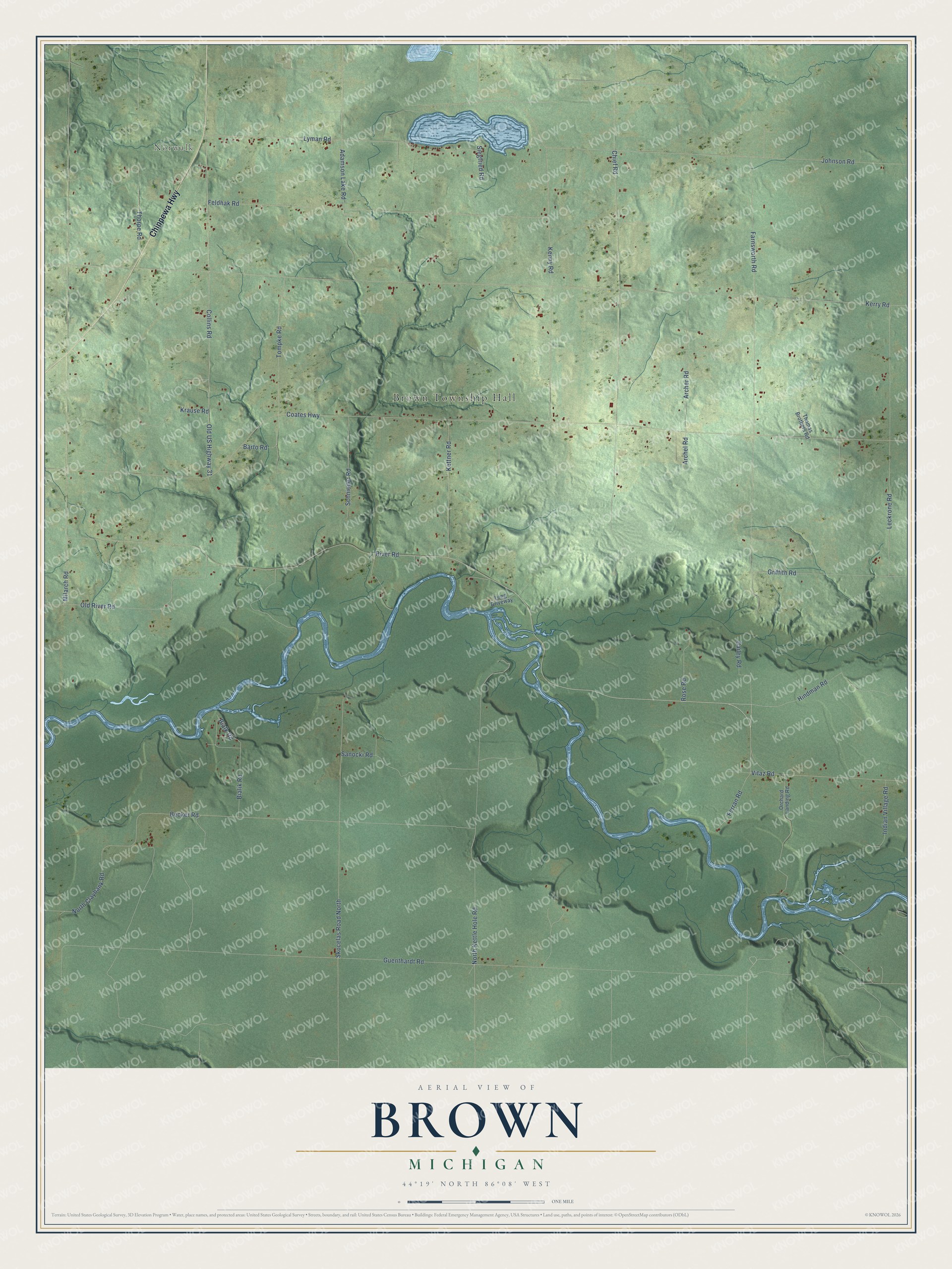 Full map of Brown, Michigan, with red buildings, printed street names and the land around them