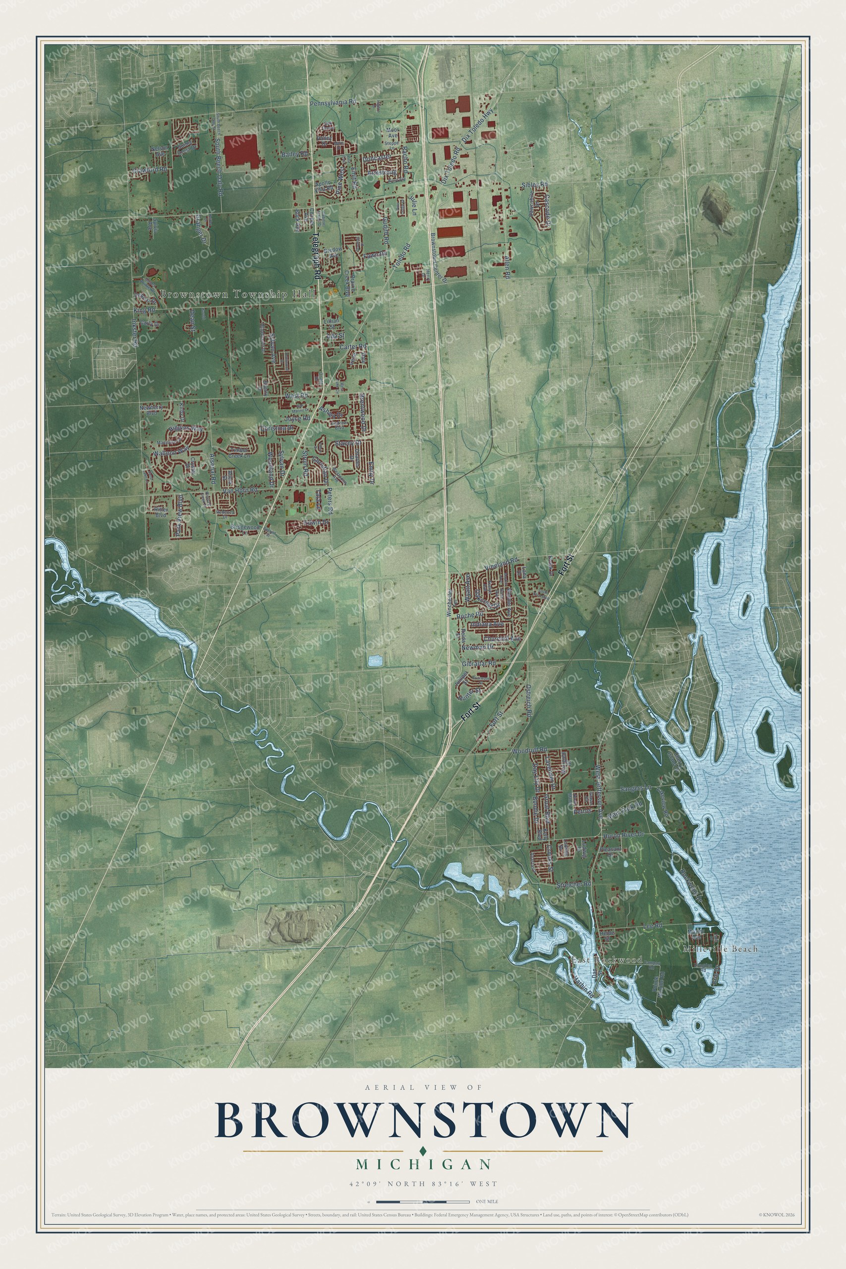 Full map of Brownstown, Michigan, with red buildings, printed street names and the land around them