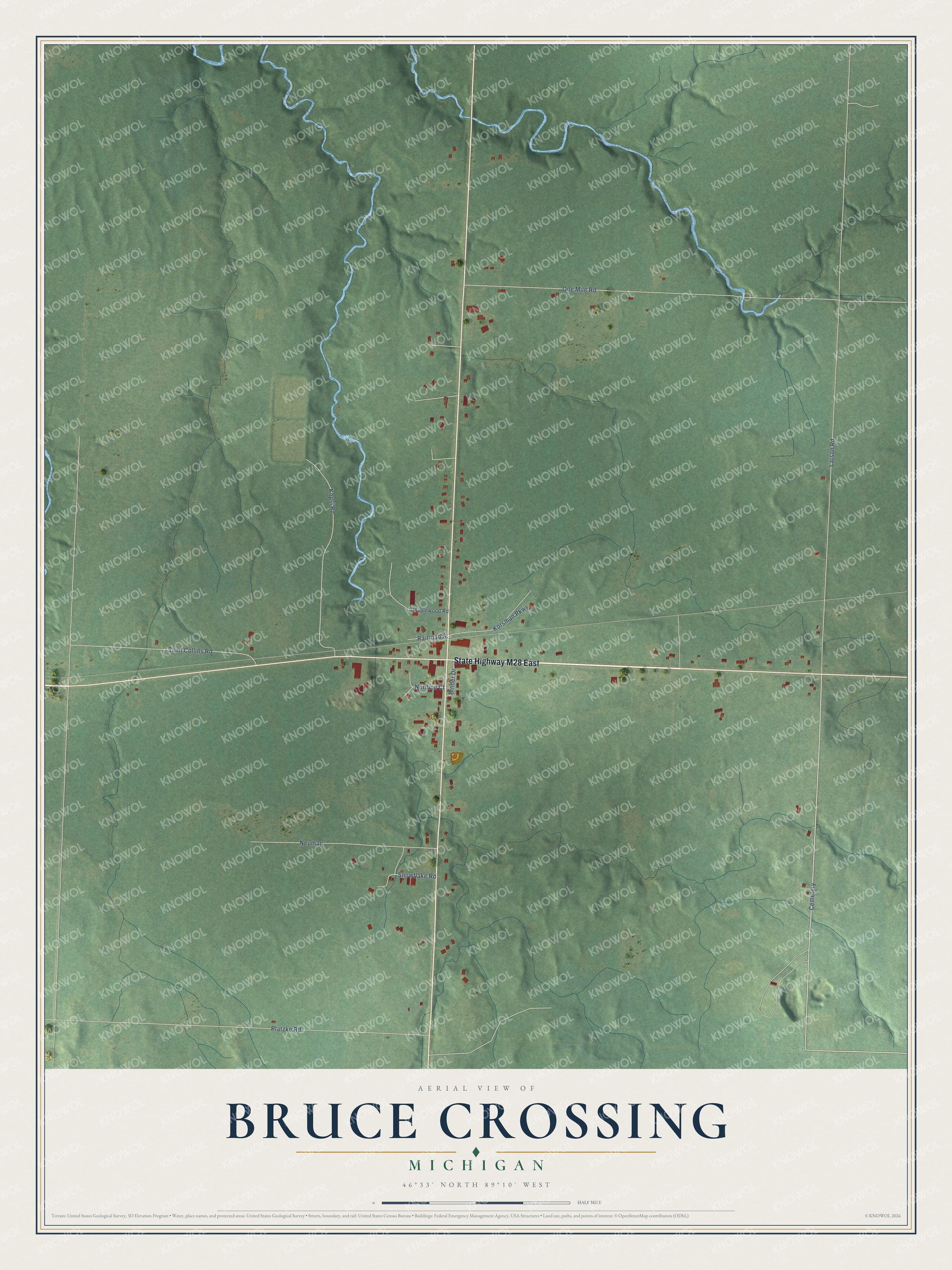Full map of Bruce Crossing, Michigan, with red buildings, printed street names and the land around them