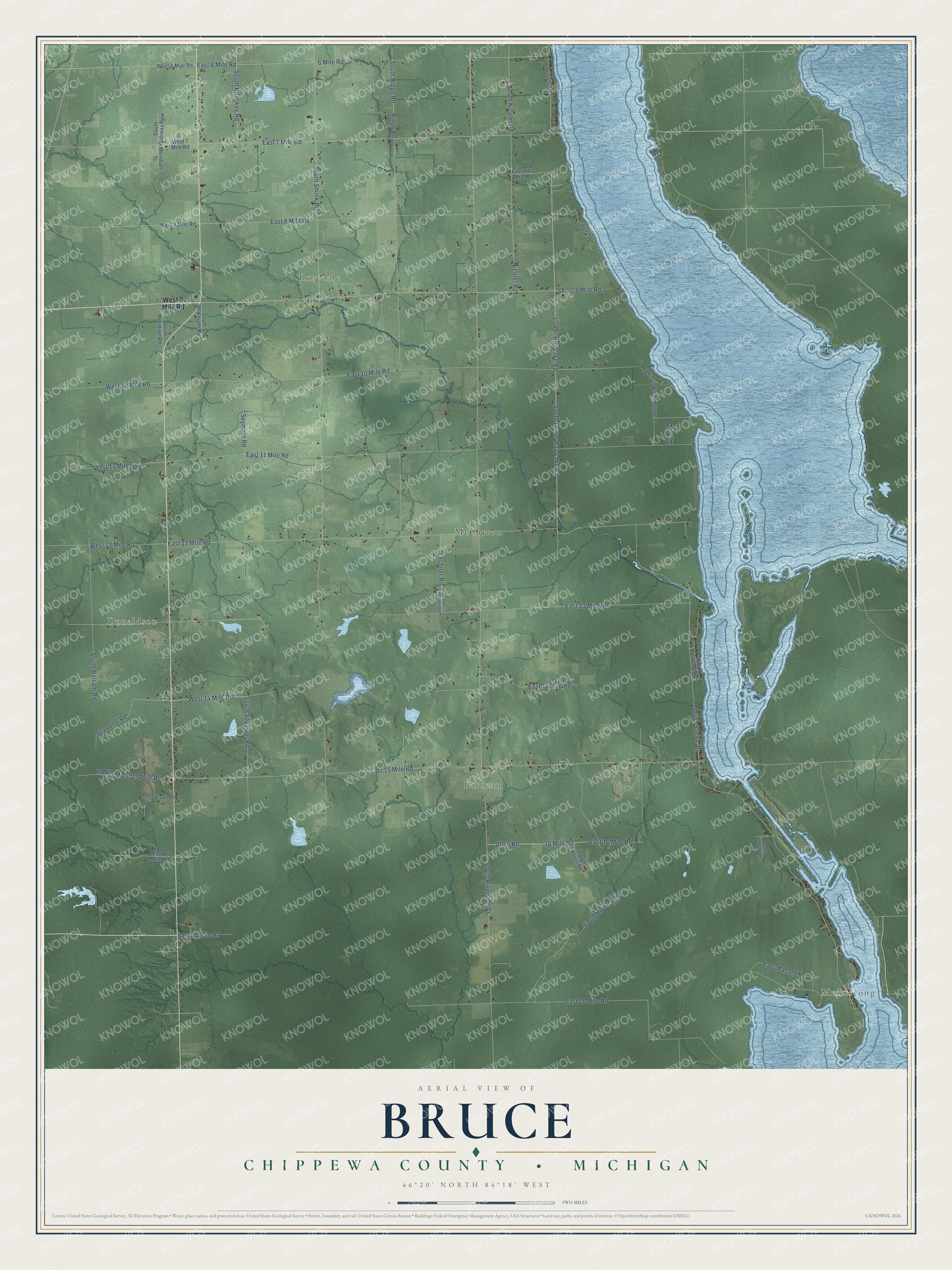Full map of Bruce, Michigan, with red buildings, printed street names and the land around them