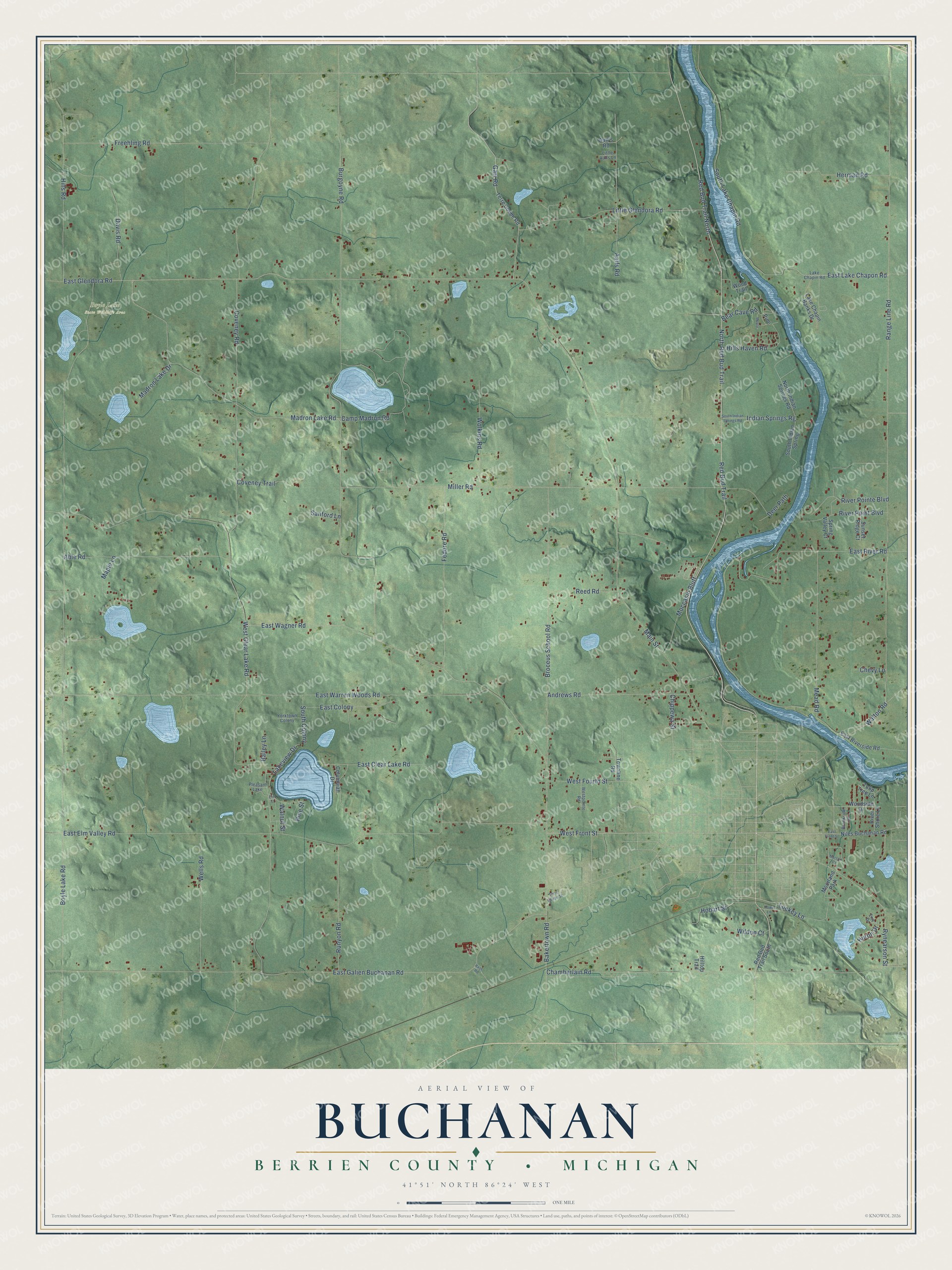 Full map of Buchanan, Michigan, with red buildings, printed street names and the land around them
