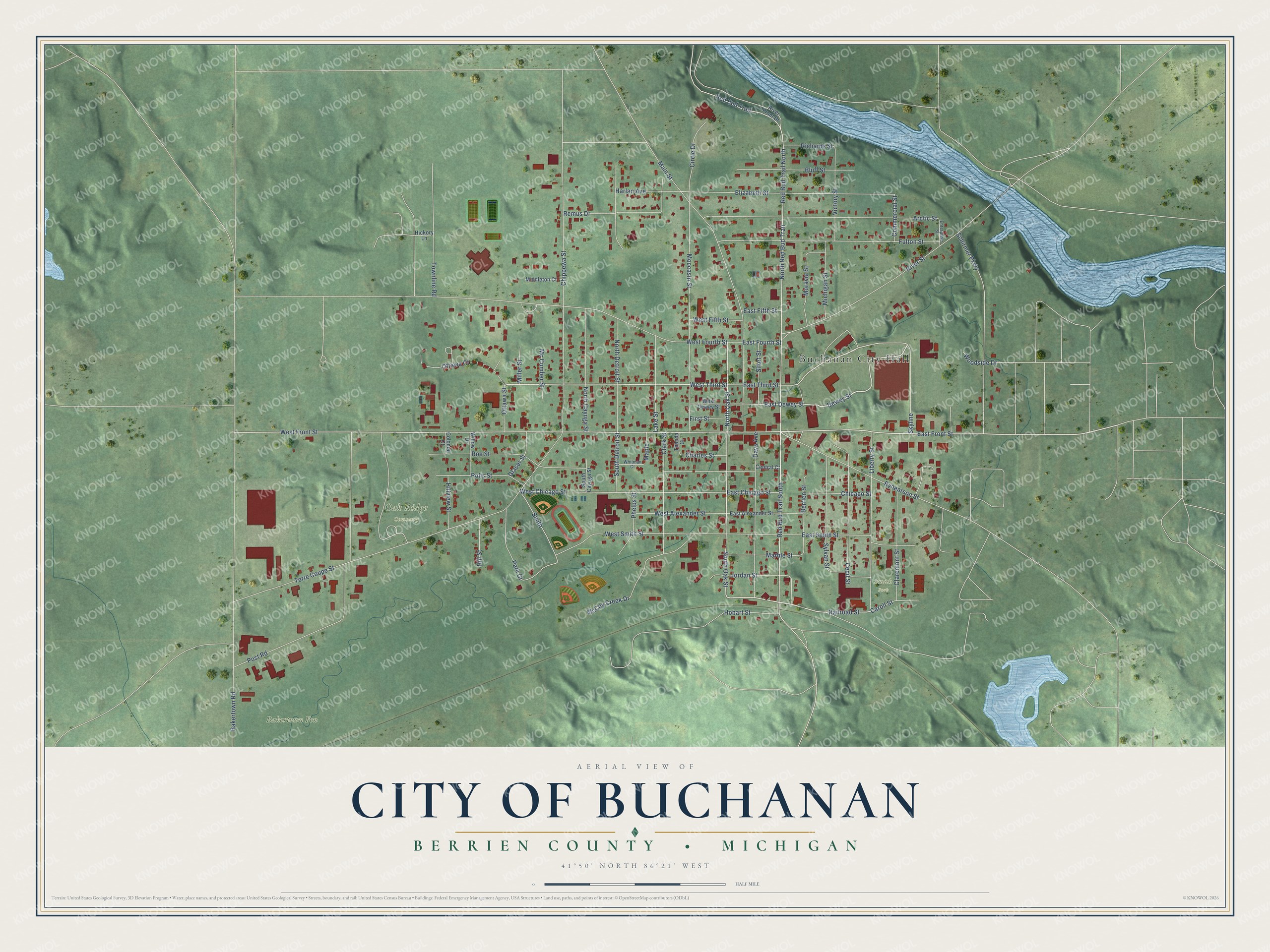 Full map of Buchanan, Michigan, with red buildings, printed street names and the land around them