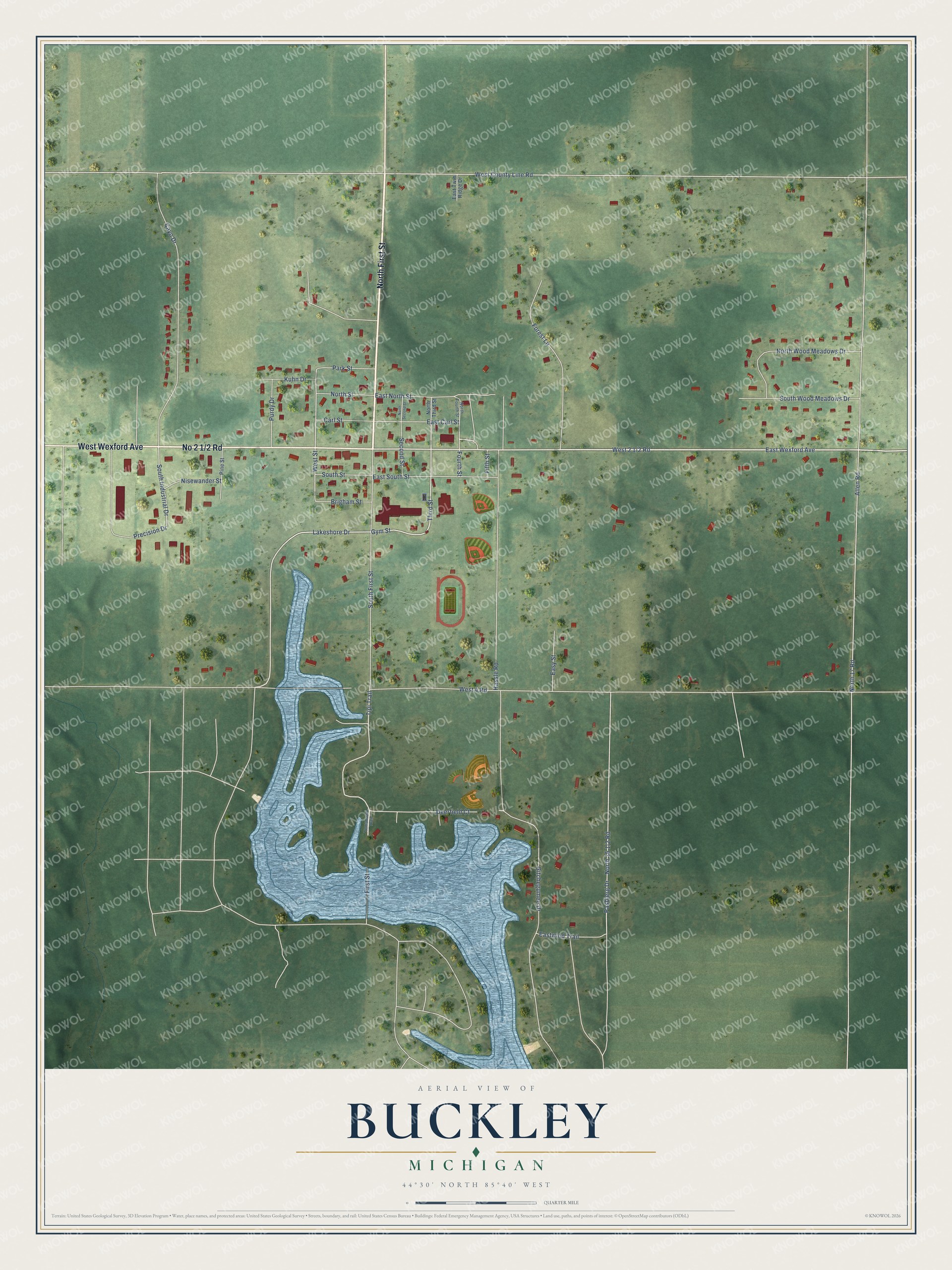 Full map of Buckley, Michigan, with red buildings, printed street names and the land around them
