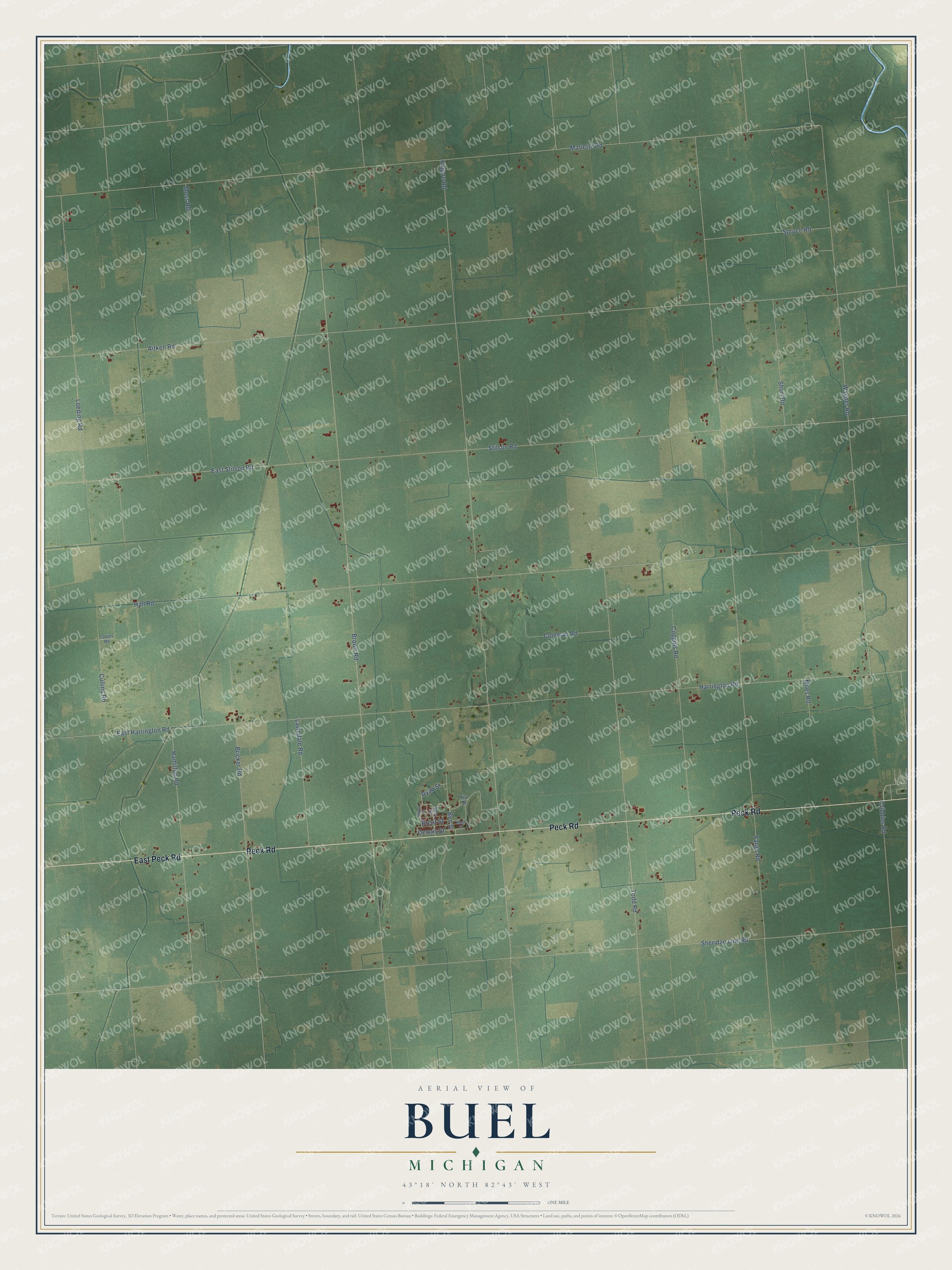 Full map of Buel, Michigan, with red buildings, printed street names and the land around them