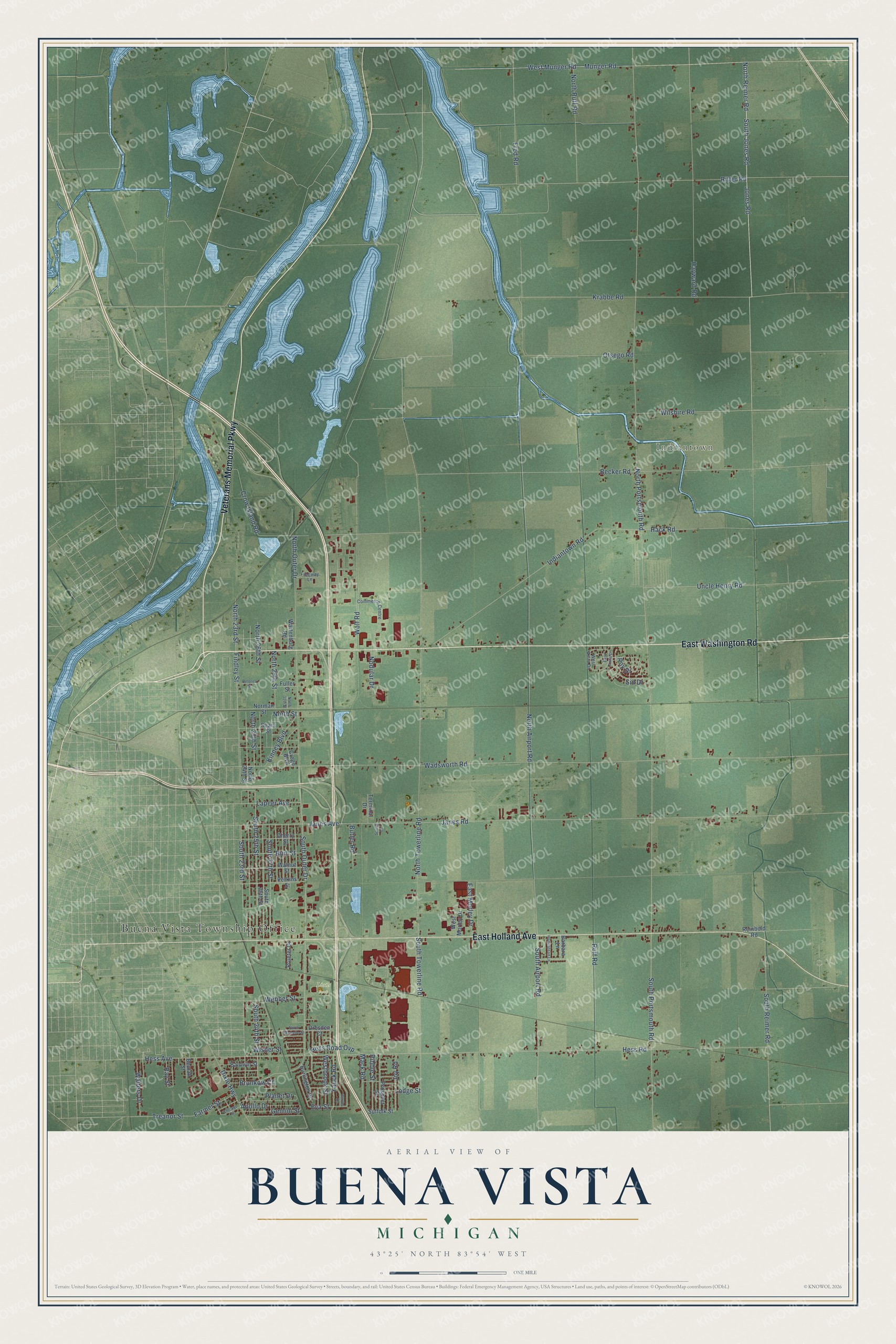 Full map of Buena Vista, Michigan, with red buildings, printed street names and the land around them