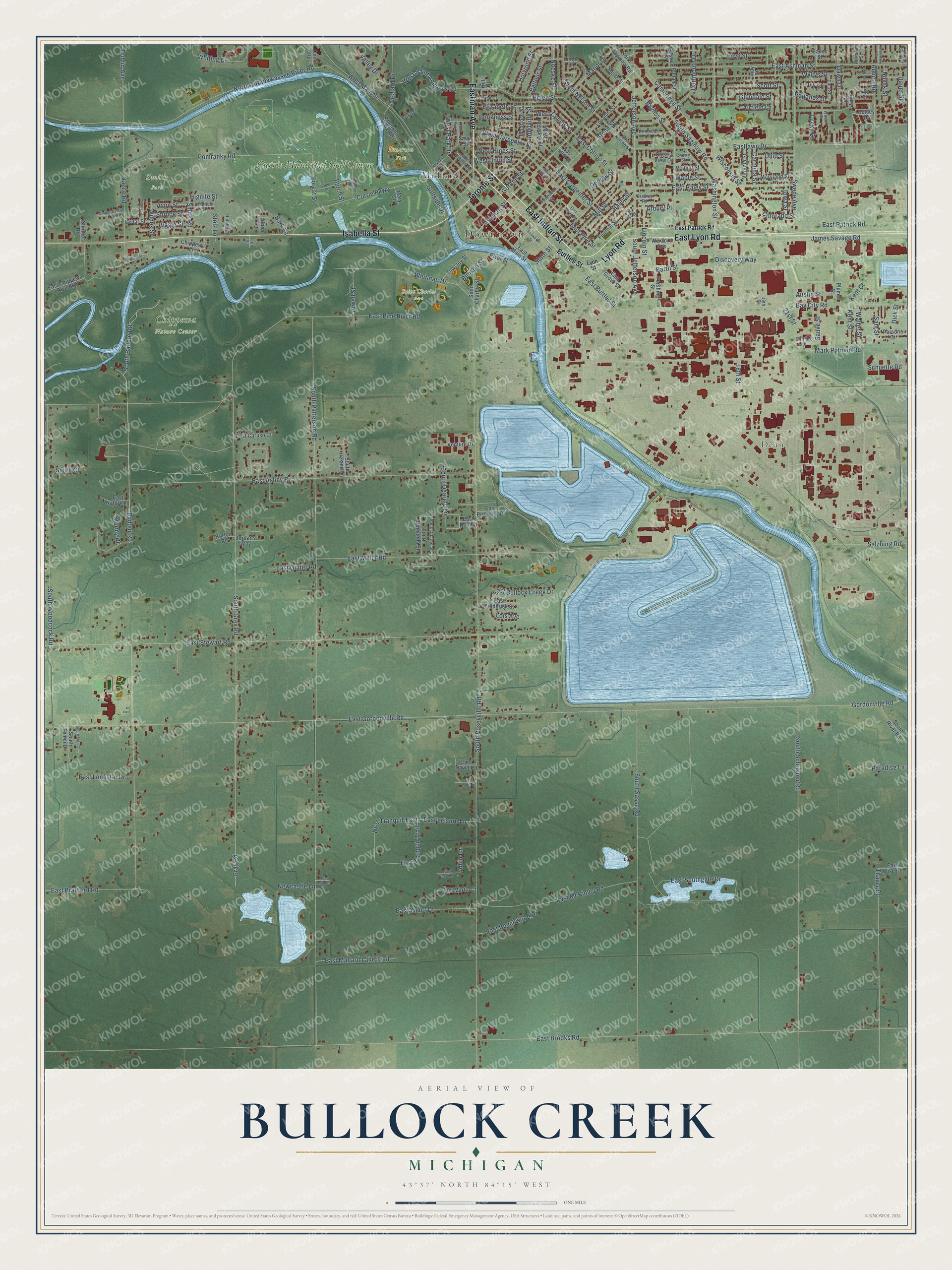 Full map of Bullock Creek, Michigan, with red buildings, printed street names and the land around them