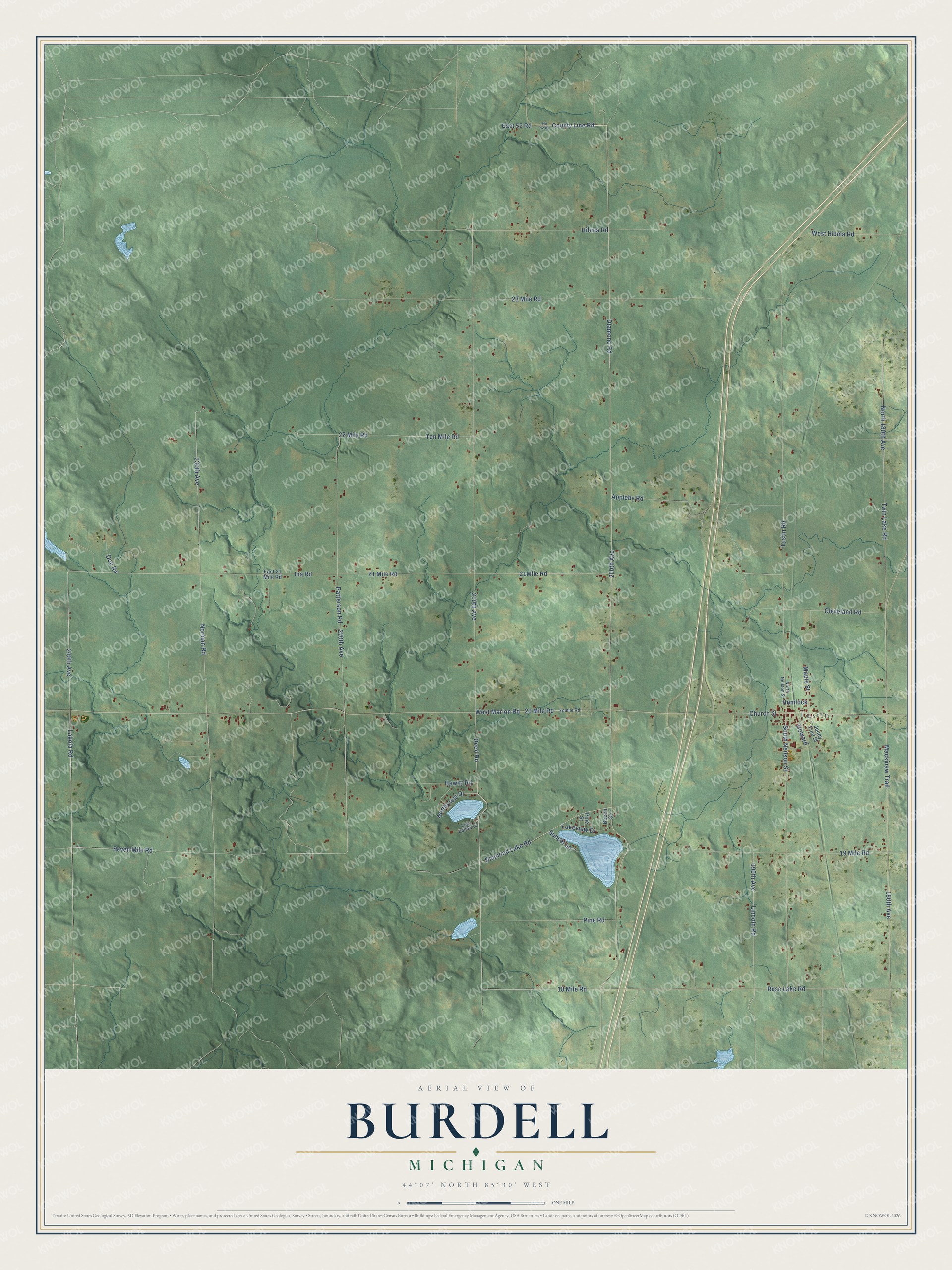 Full map of Burdell, Michigan, with red buildings, printed street names and the land around them