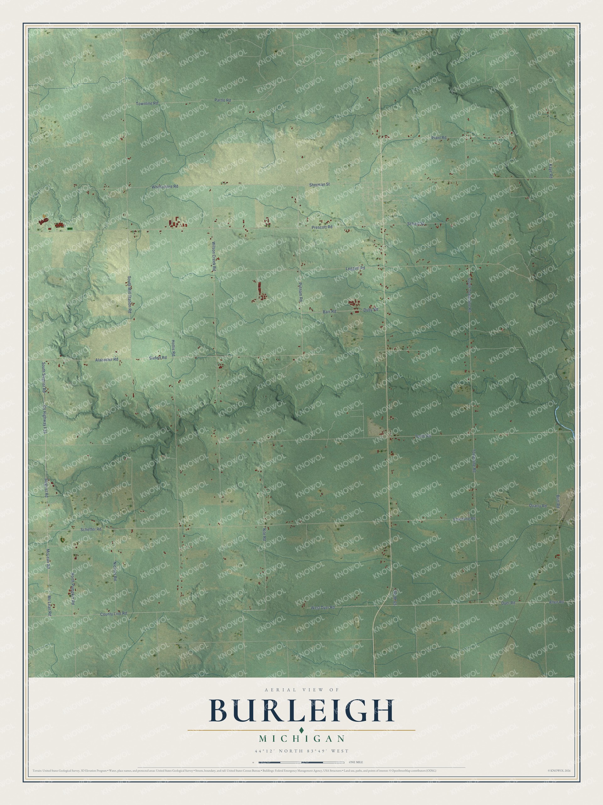 Full map of Burleigh, Michigan, with red buildings, printed street names and the land around them