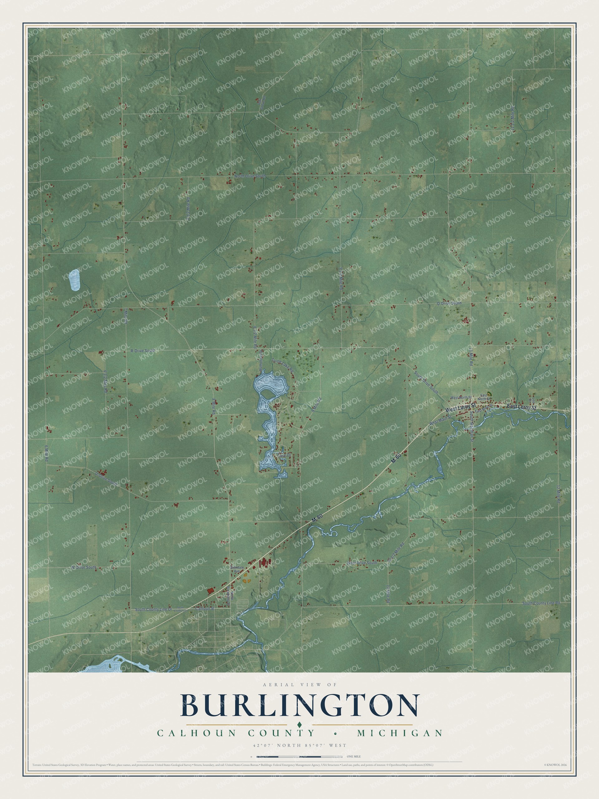 Full map of Burlington, Michigan, with red buildings, printed street names and the land around them