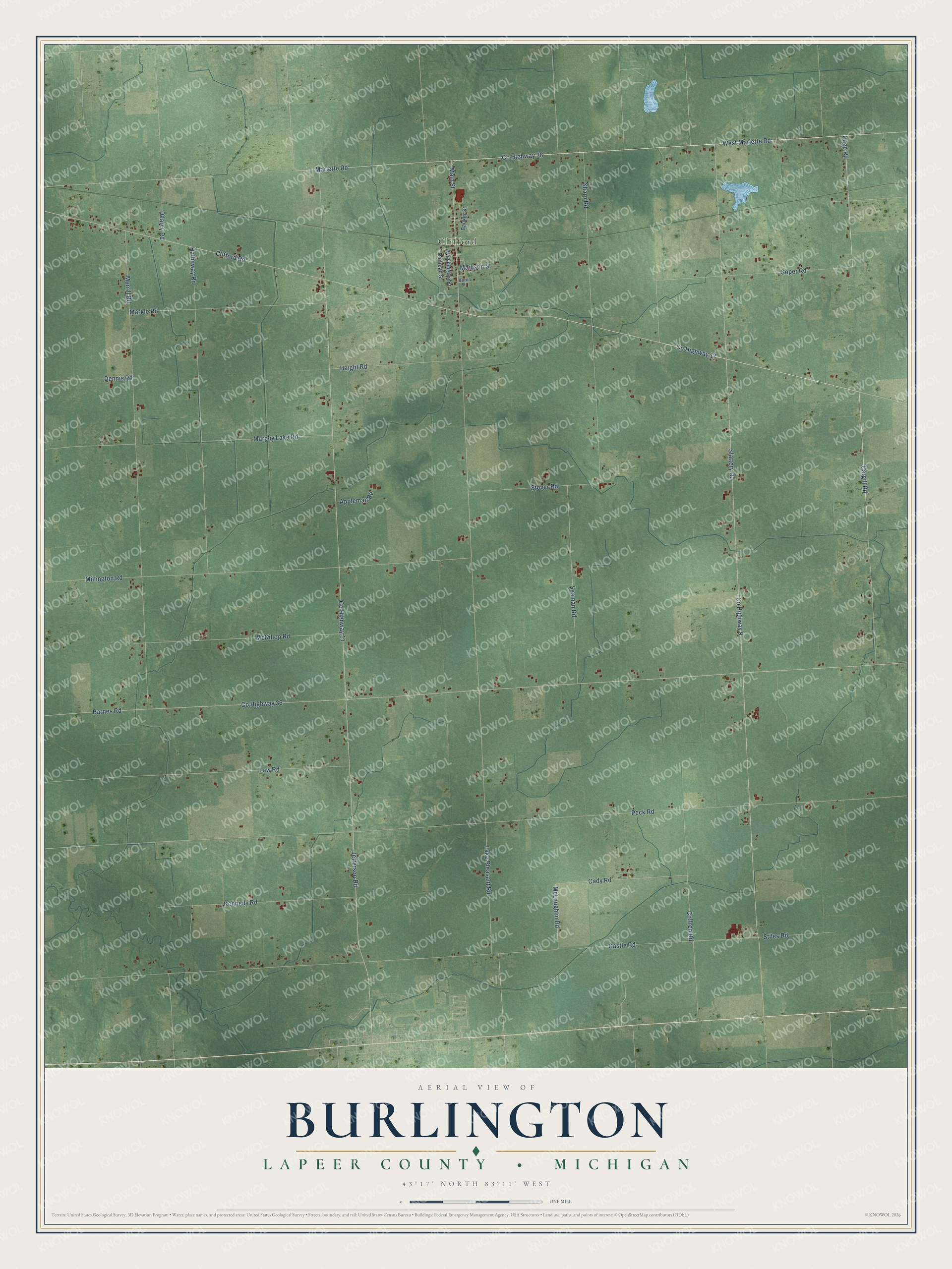 Full map of Burlington, Michigan, with red buildings, printed street names and the land around them