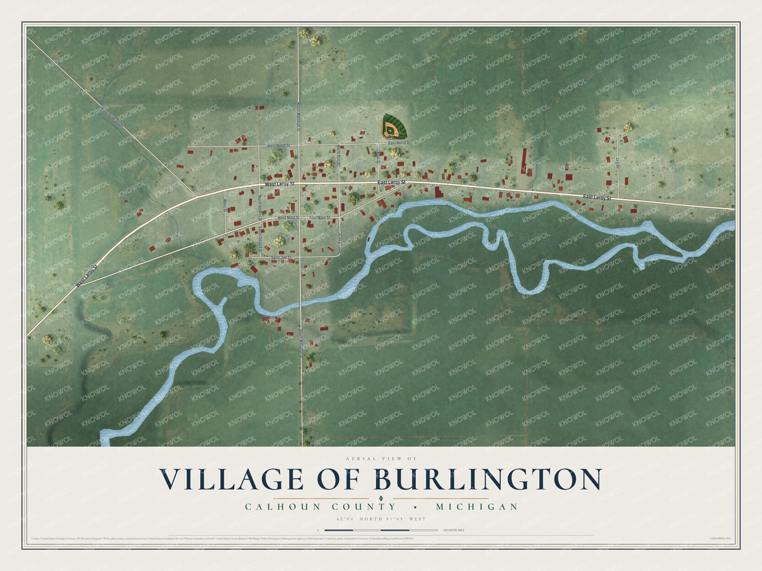 Full map of Burlington, Michigan, with red buildings, printed street names and the land around them