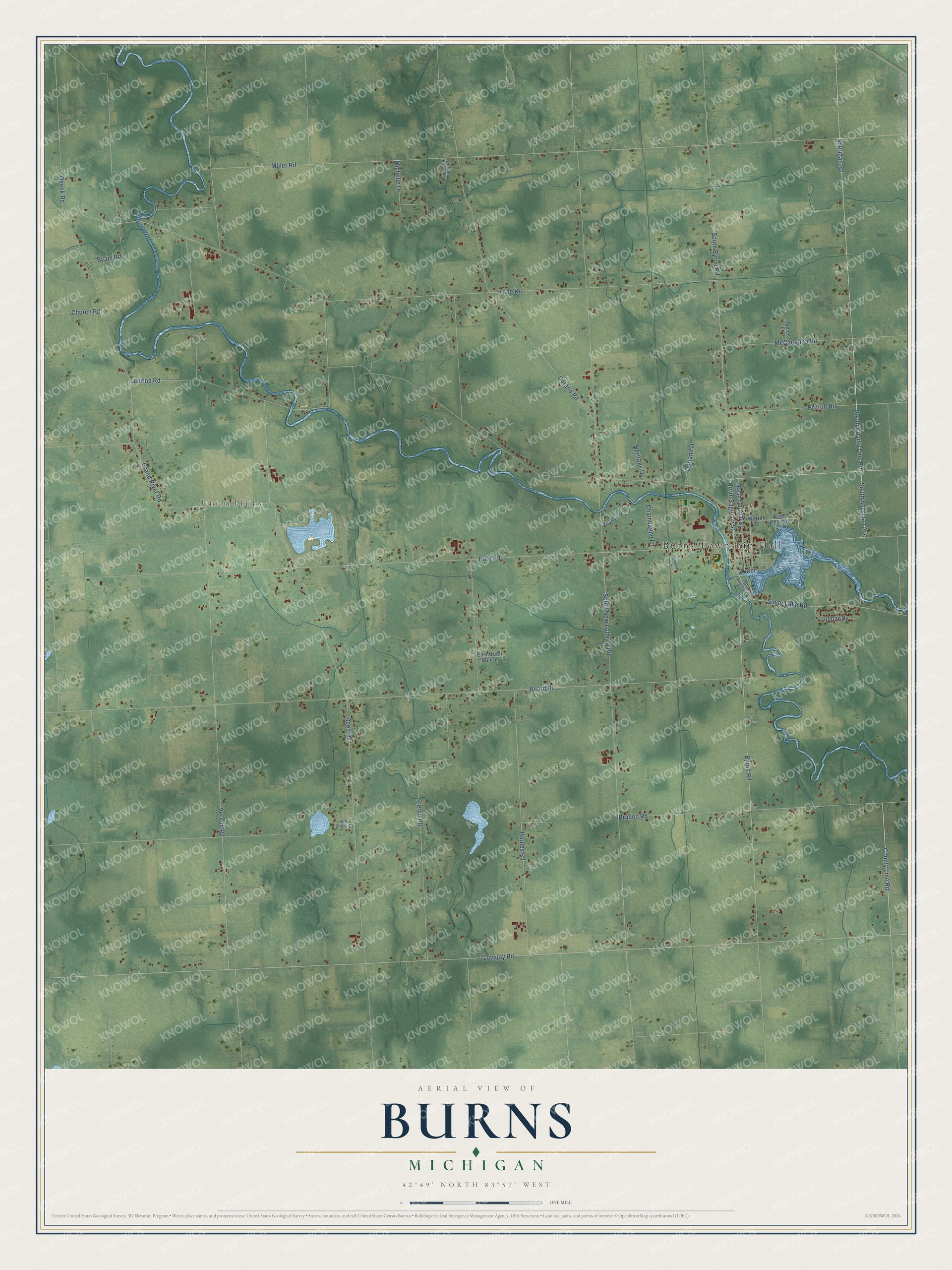 Full map of Burns, Michigan, with red buildings, printed street names and the land around them