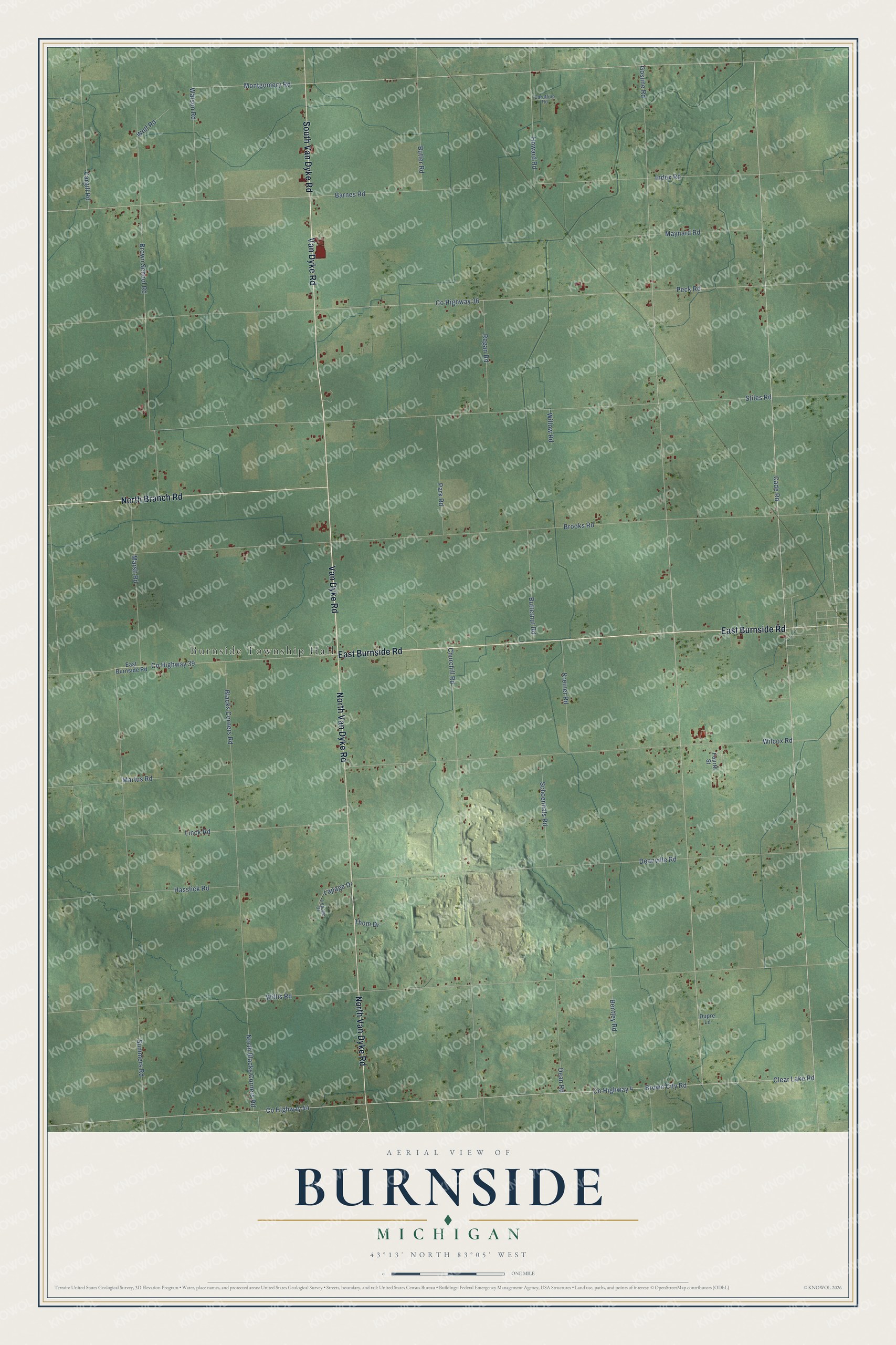 Full map of Burnside, Michigan, with red buildings, printed street names and the land around them