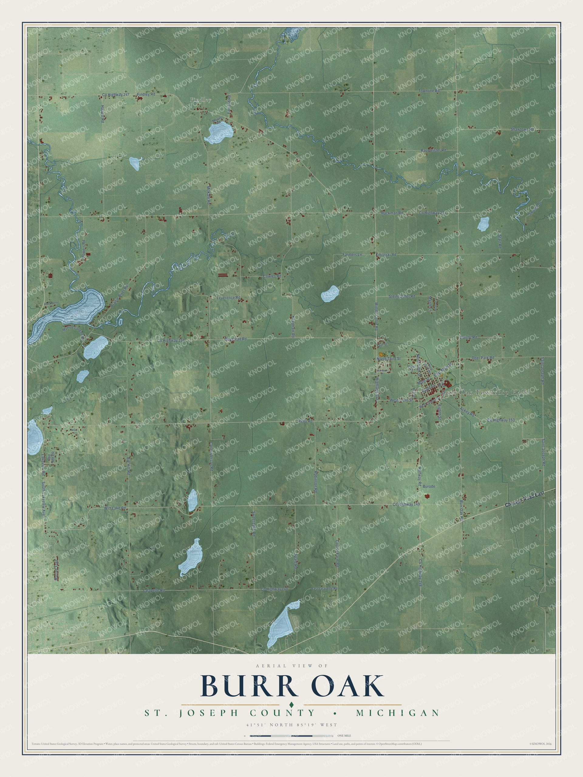 Full map of Burr Oak, Michigan, with red buildings, printed street names and the land around them