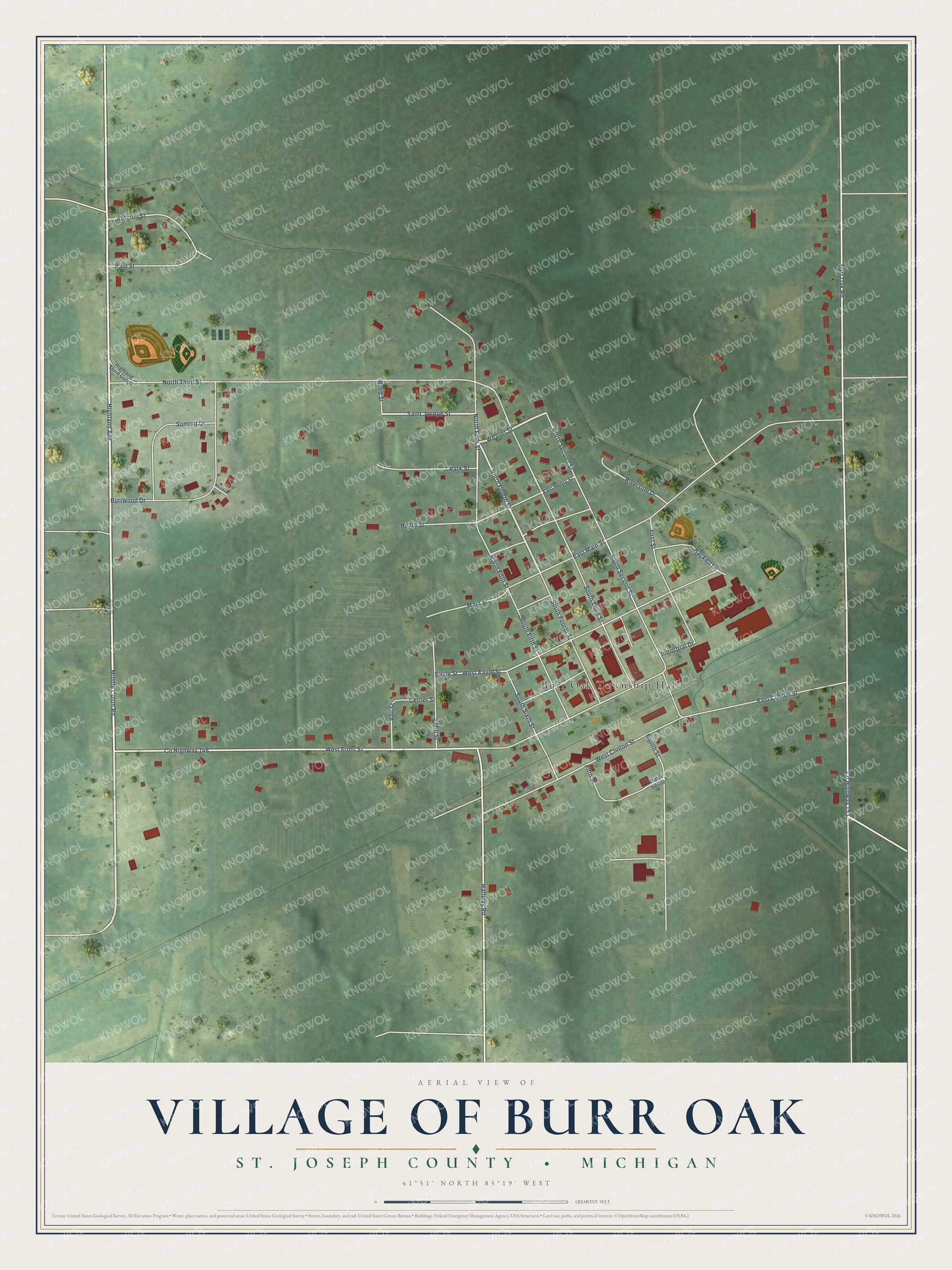 Full map of Burr Oak, Michigan, with red buildings, printed street names and the land around them