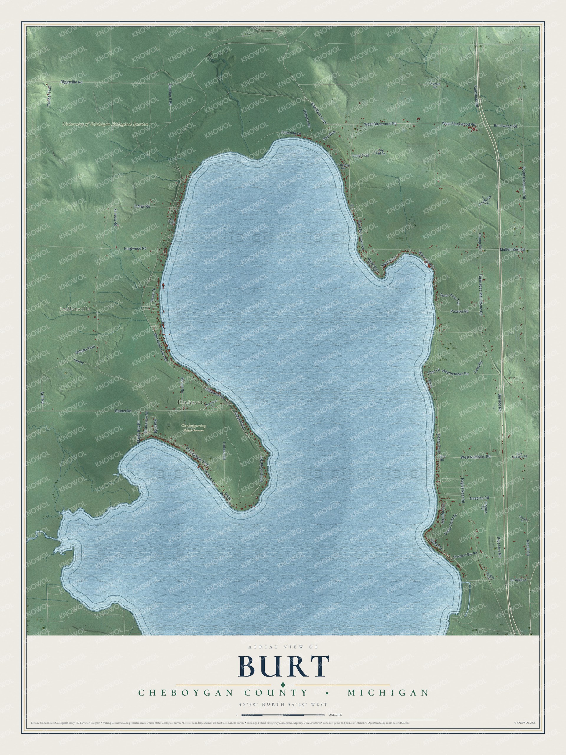 Full map of Burt, Michigan, with red buildings, printed street names and the land around them