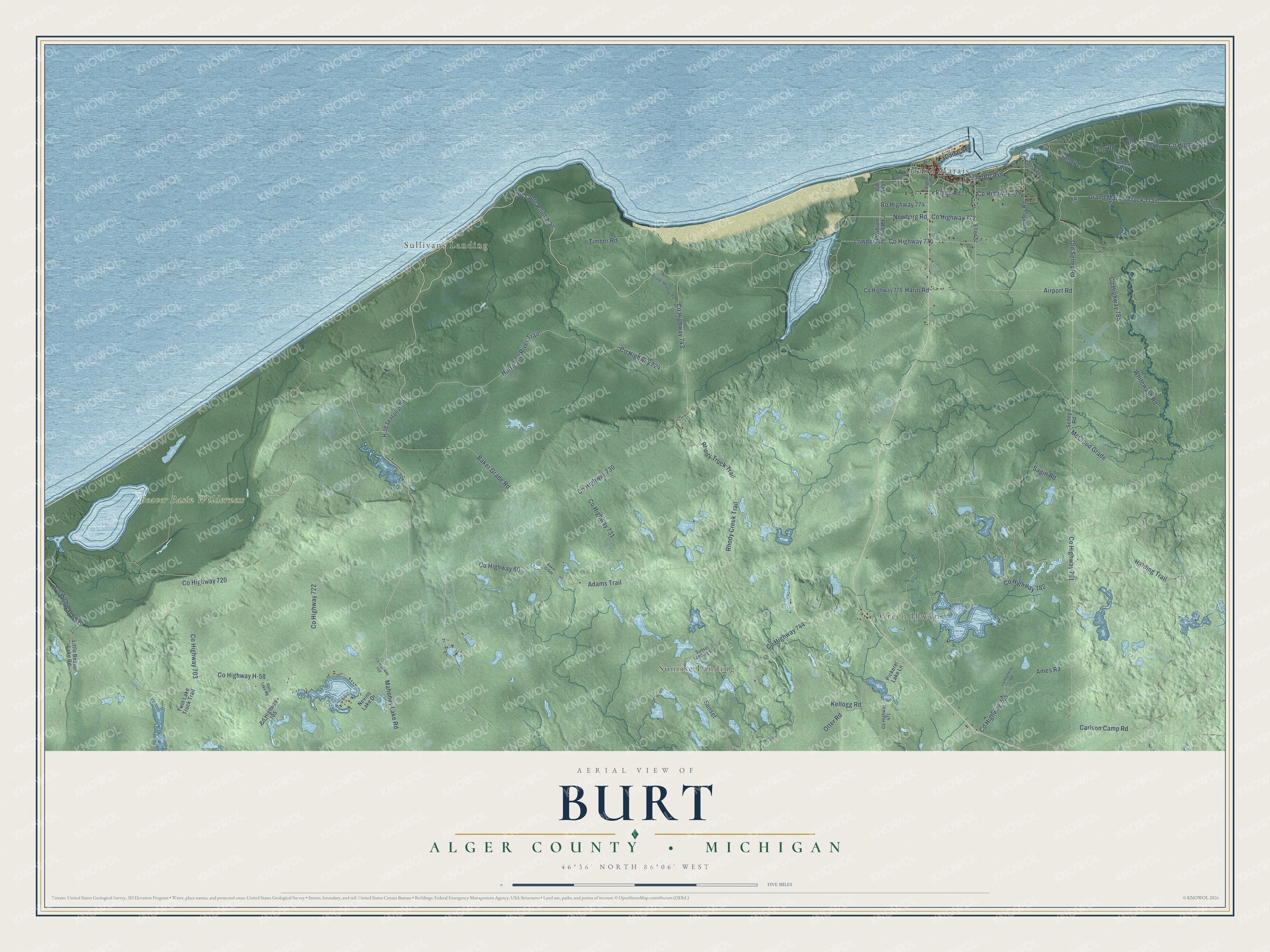 Full map of Burt, Michigan, with red buildings, printed street names and the land around them