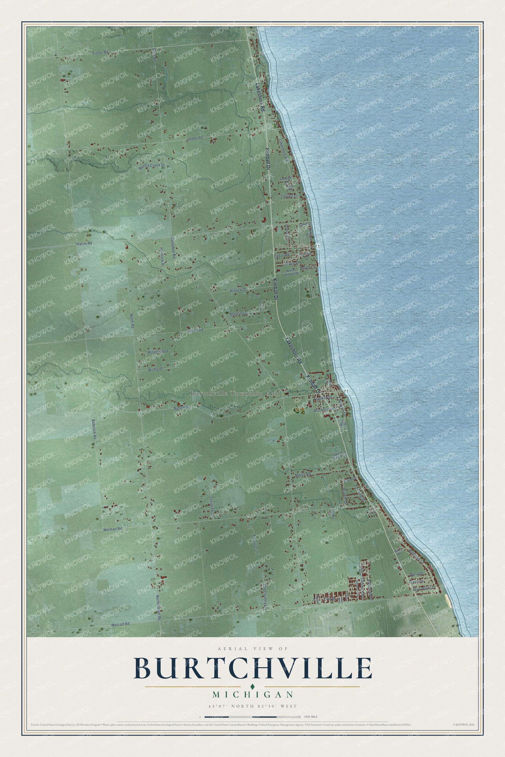 Full map of Burtchville, Michigan, with red buildings, printed street names and the land around them