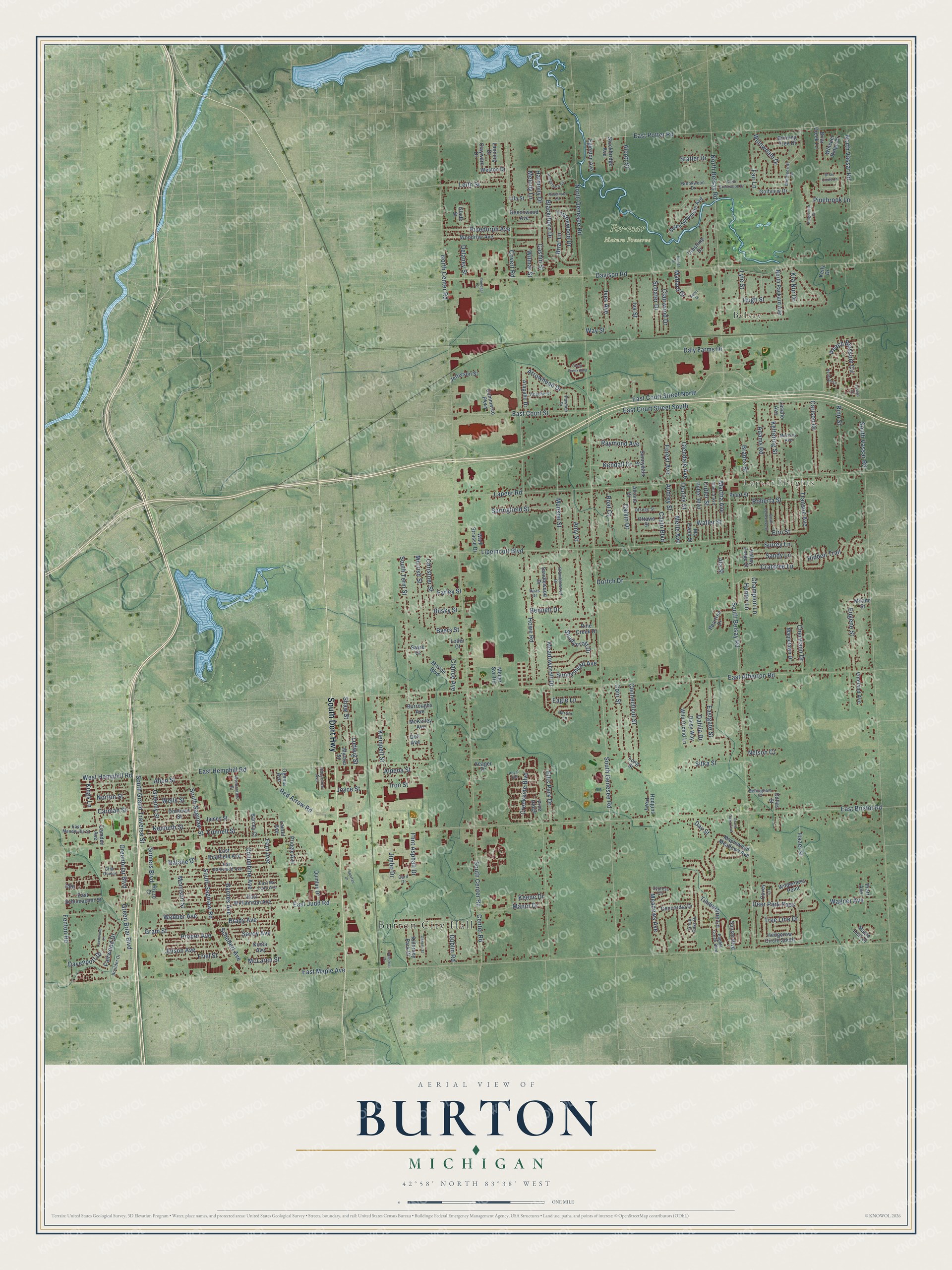 Full map of Burton, Michigan, with red buildings, printed street names and the land around them
